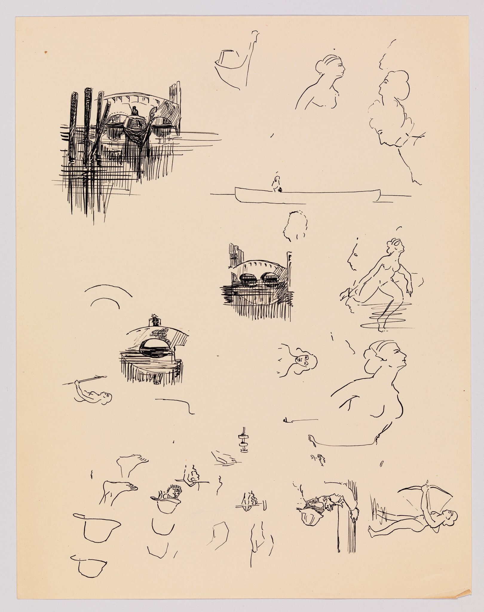 Multiple quick ink sketches of boats, a bridge, and several human figures and faces.