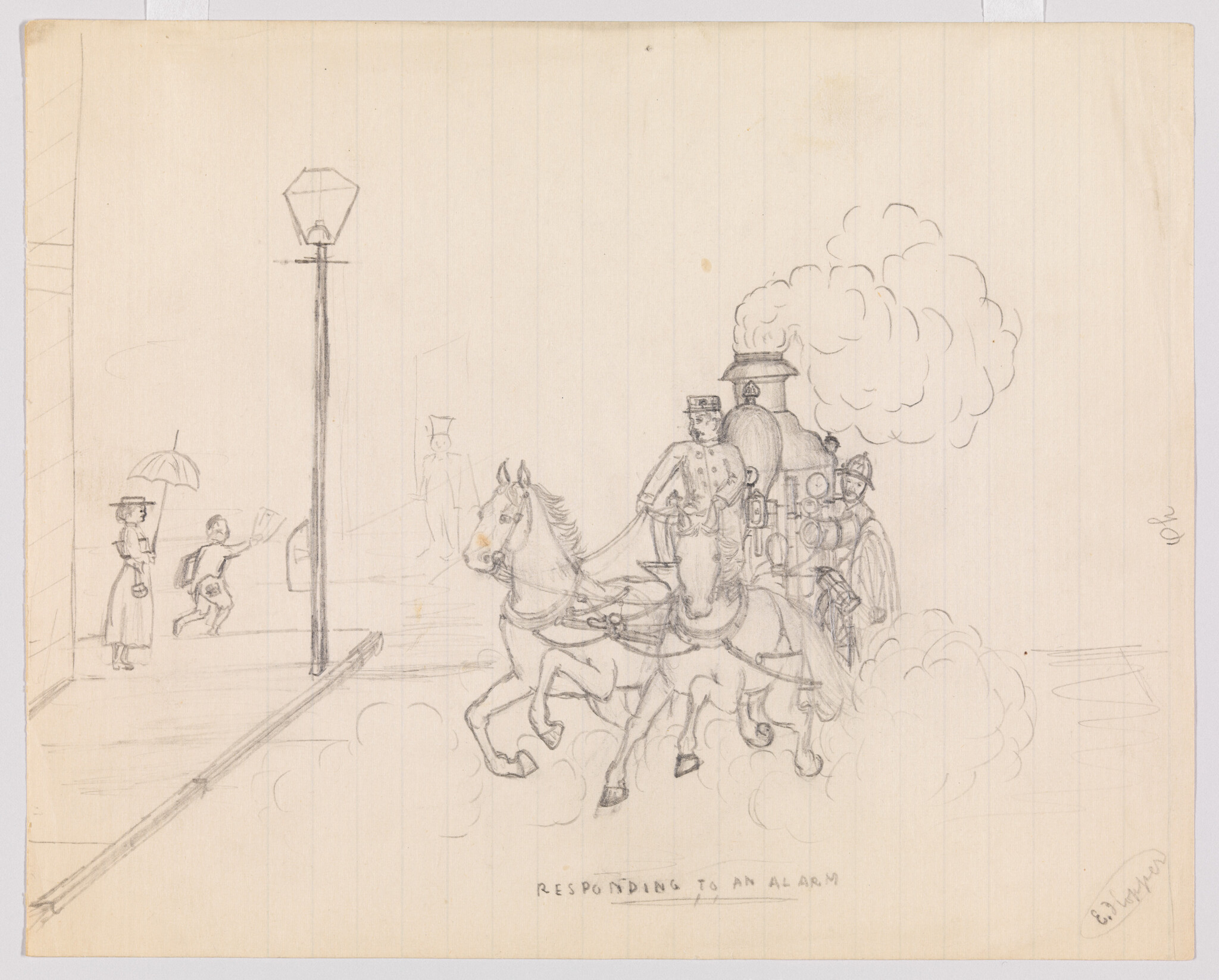 Two firefighters driving a steam fire engine pulled by horses, responding to an alarm.