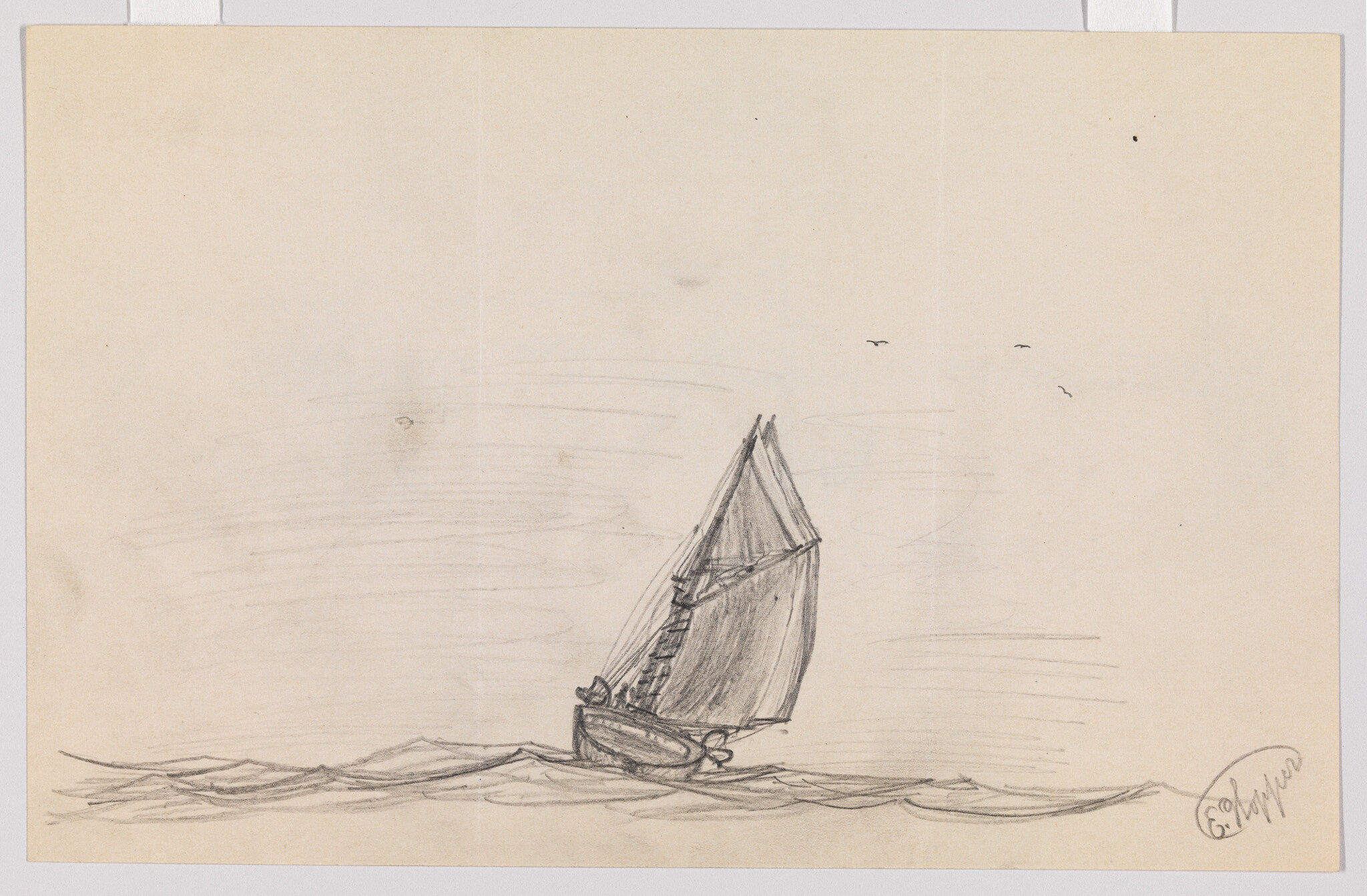 A small sailing boat angles through gentle waves under a few distant birds.