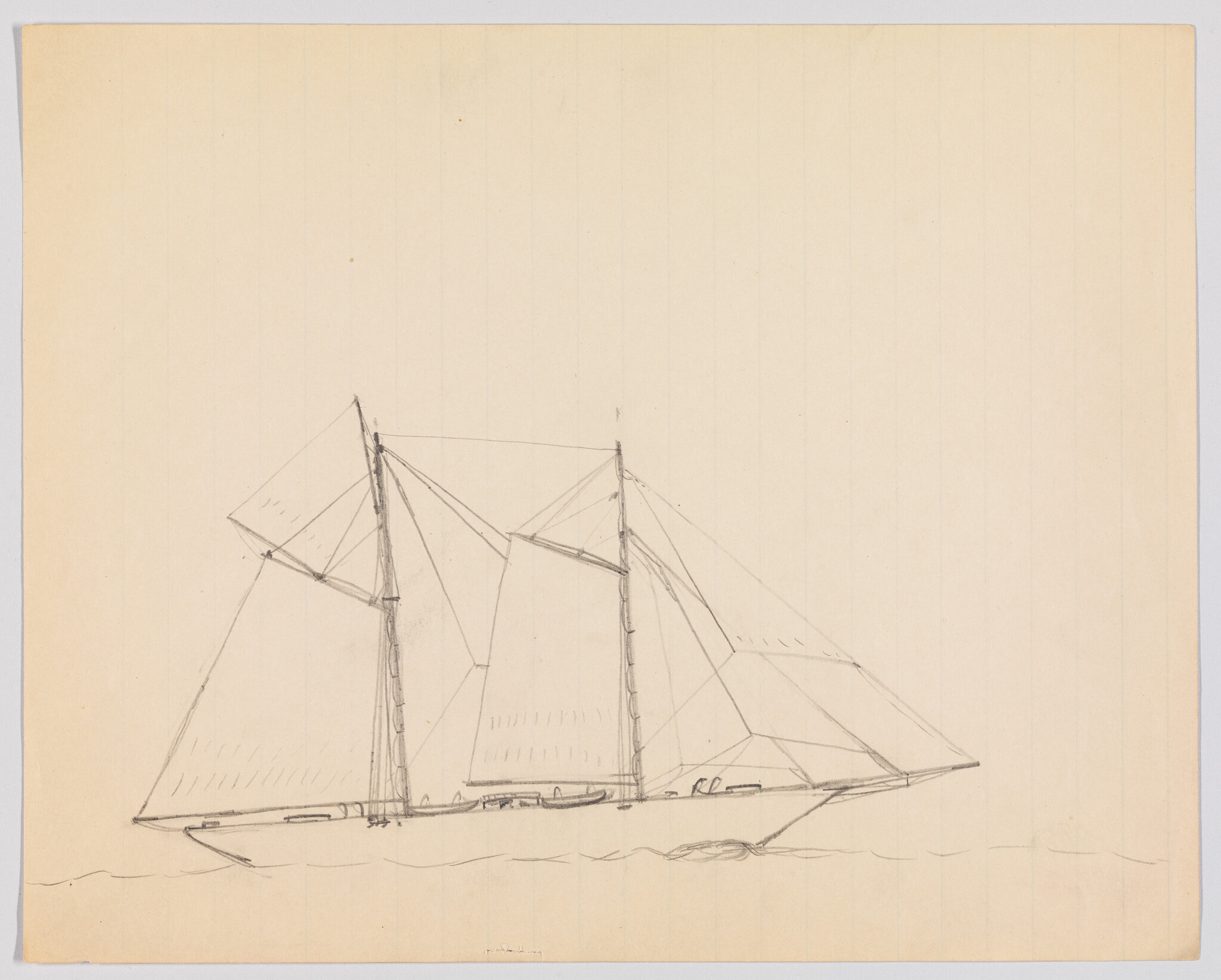 Pencil sketch of a two-masted schooner with sails on lined paper.