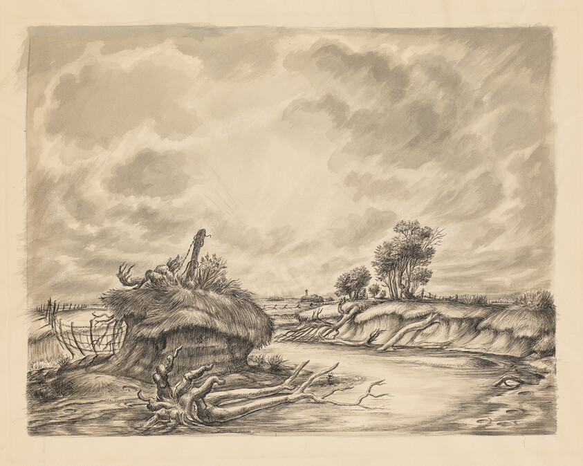 Sketch of a rural landscape with thatched cottages, barren trees, and dramatic clouds.