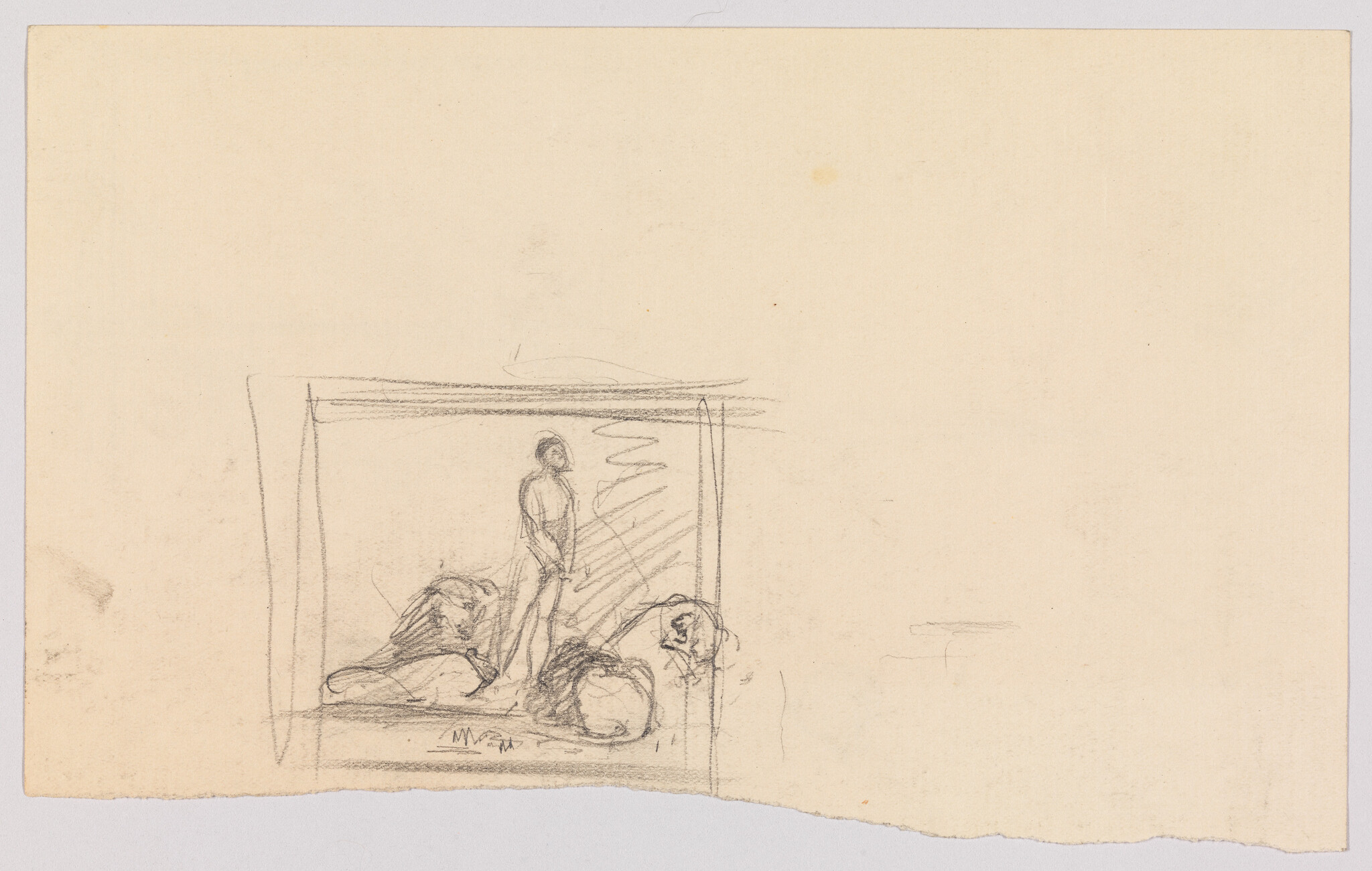 Small pencil sketch shows a standing figure surrounded by two reclining figures inside a rough frame.