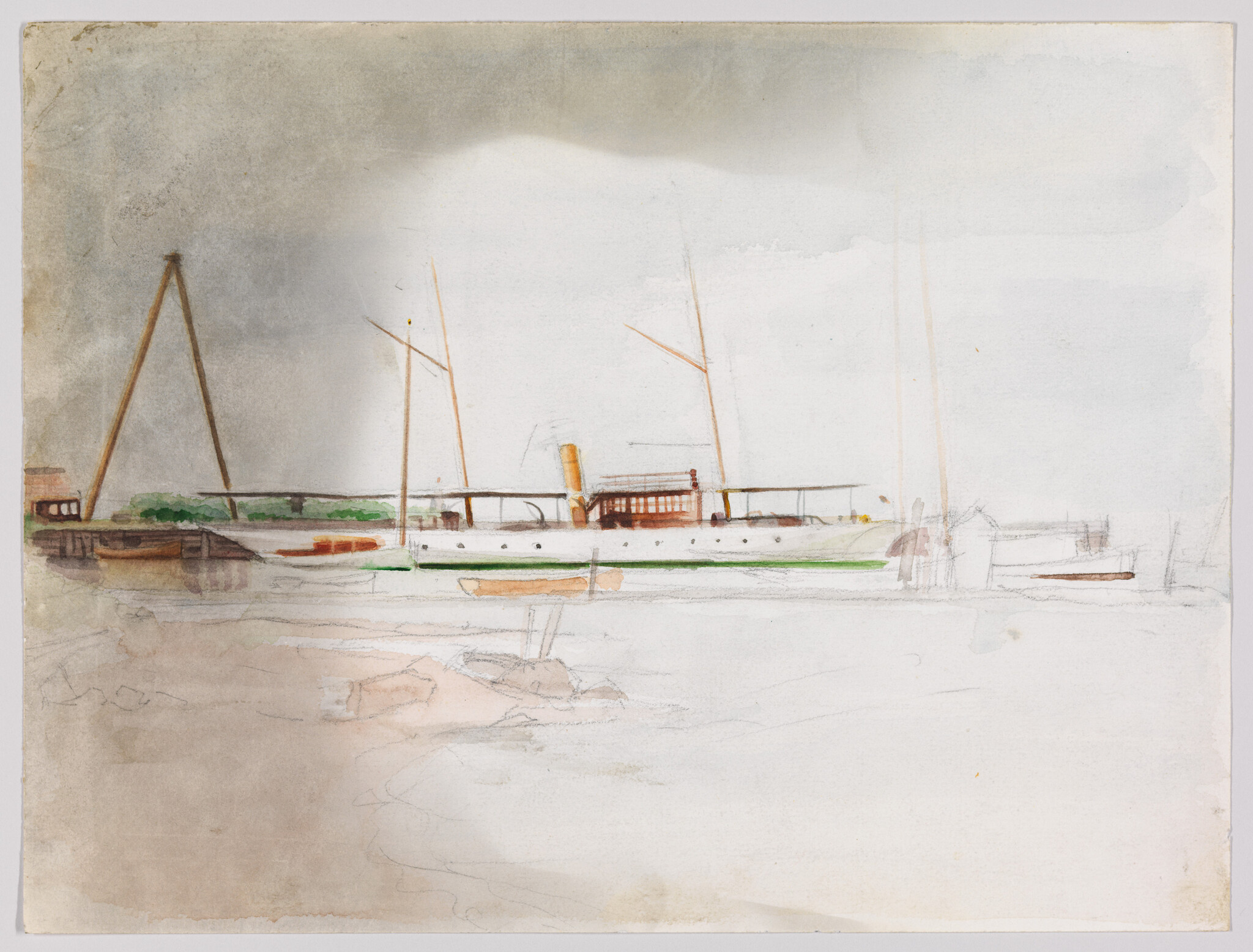 A pale watercolor shows a steamship with masts and a smokestack docked beside a pier.