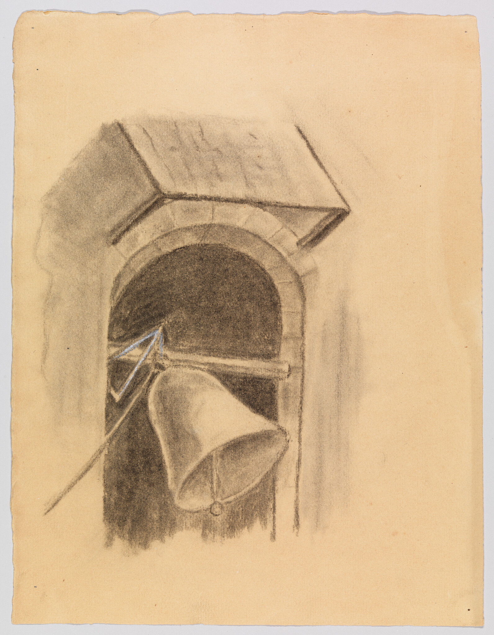 A large bell hangs inside an arched stone opening with its clapper visible.