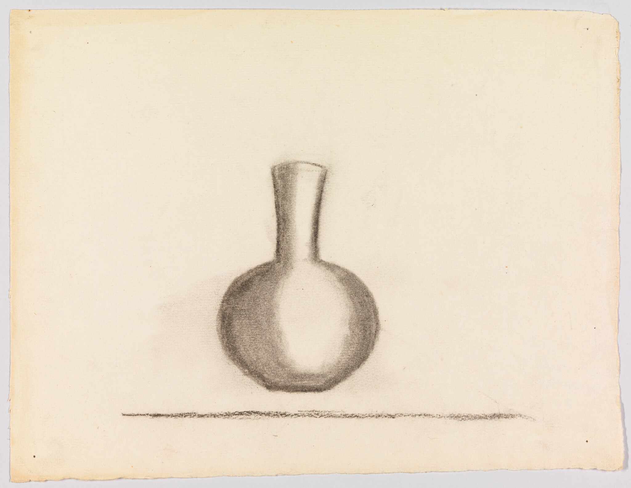 A charcoal sketch of a round vase with a narrow neck sitting on a table.