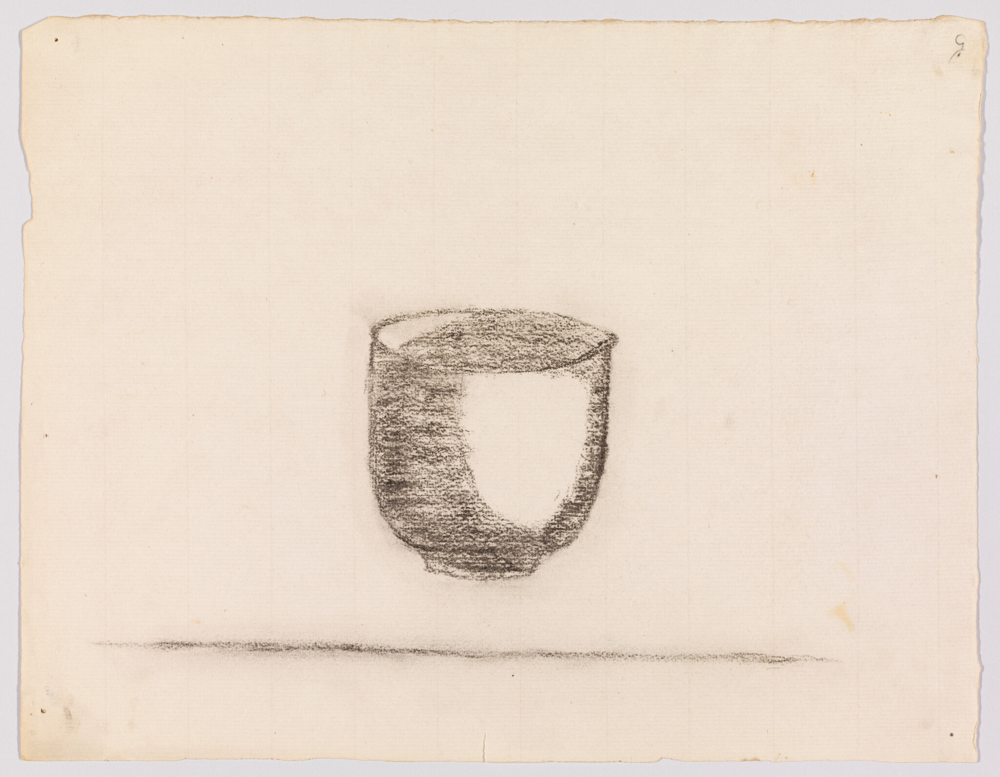 A charcoal sketch of a rounded cup floating above a faint horizontal table line.