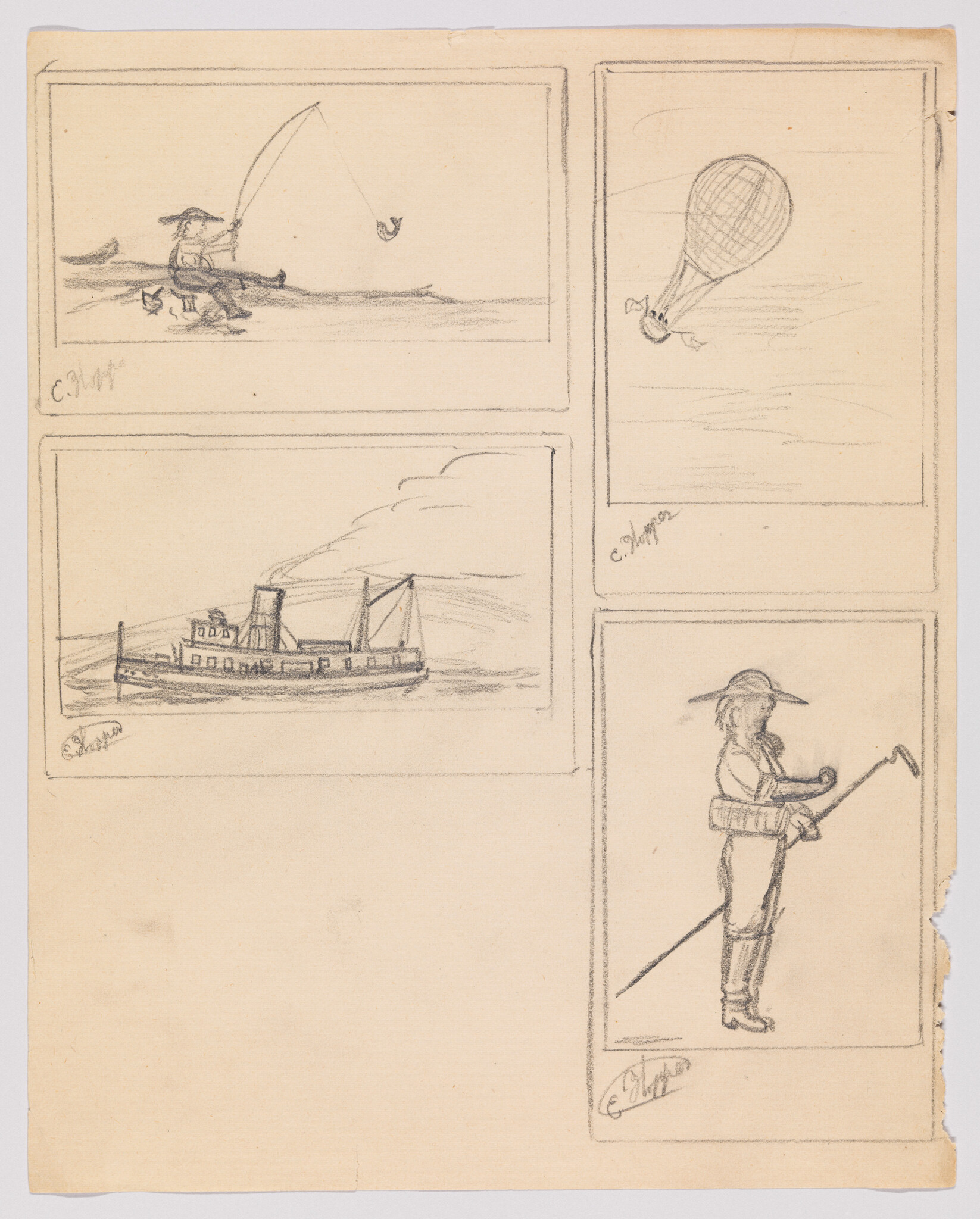 Four pencil sketches showing a fisherman casting, a tethered balloon, a steamboat, and a person holding a long pole.