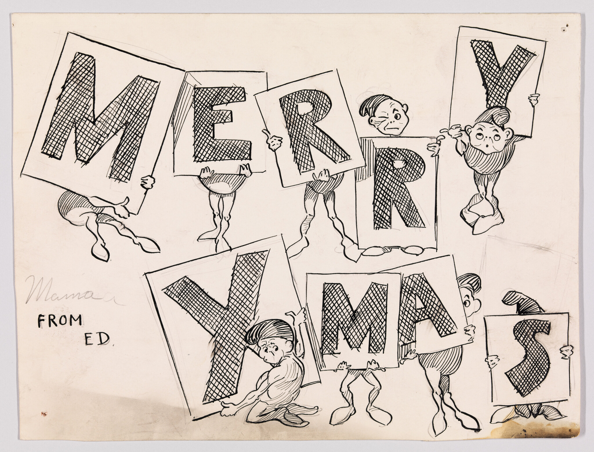 Cartoon characters hold large panels spelling Merry XMAS in a playful arrangement.