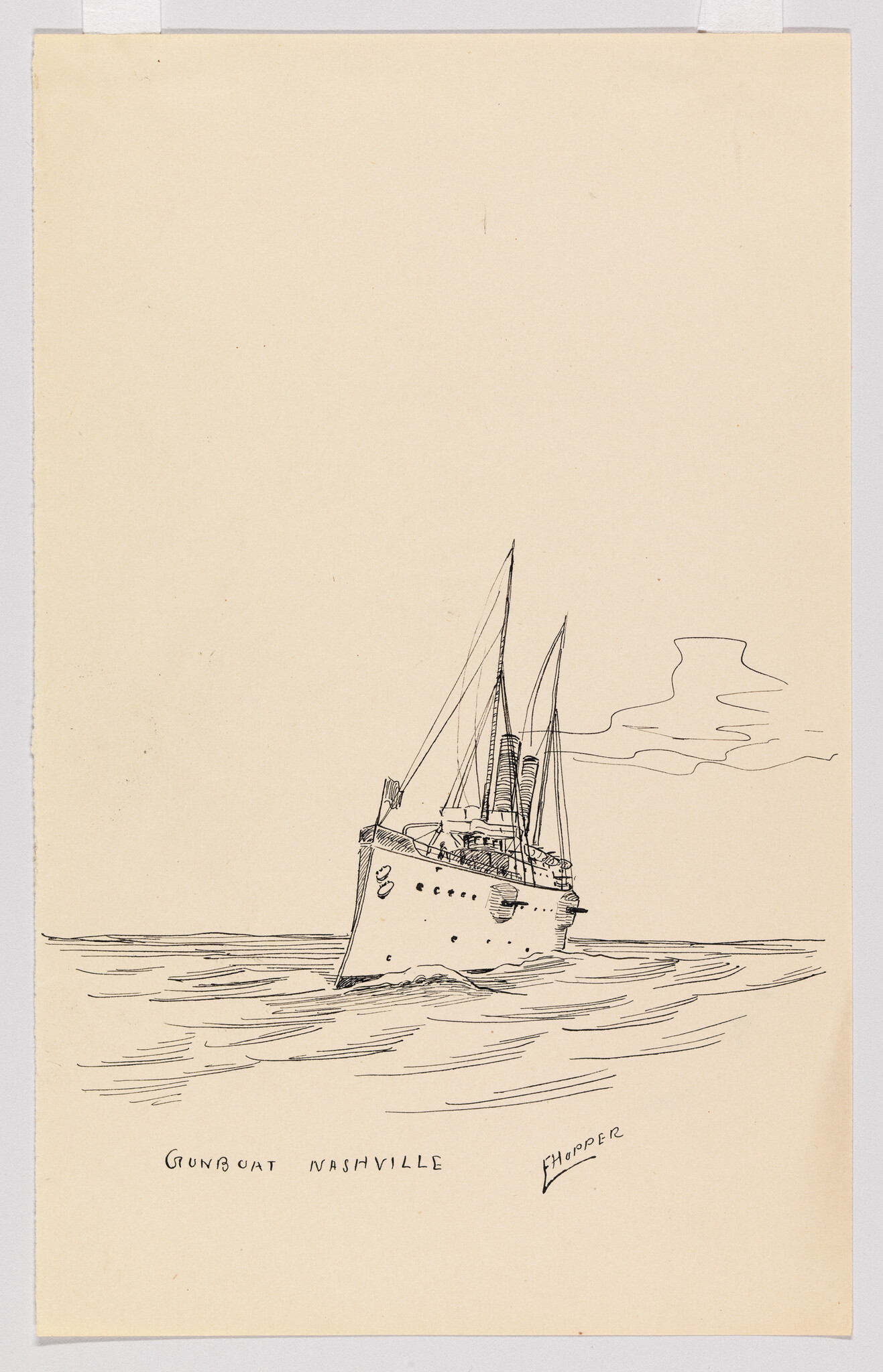 A pen drawing of the gunboat Nashville sailing through calm seas.