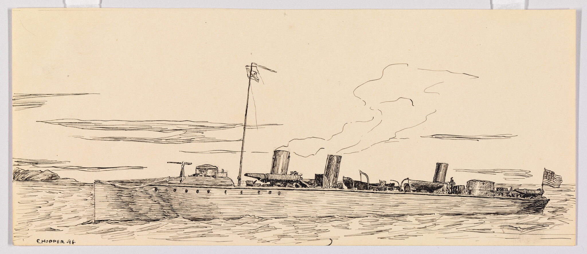 A pen sketch of a steam warship with two smokestacks and an American flag at stern.