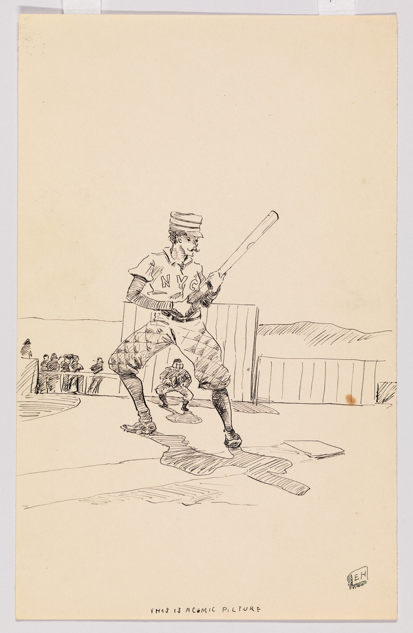 A baseball batter in an NYC uniform stands ready to swing while the catcher crouches behind him.
