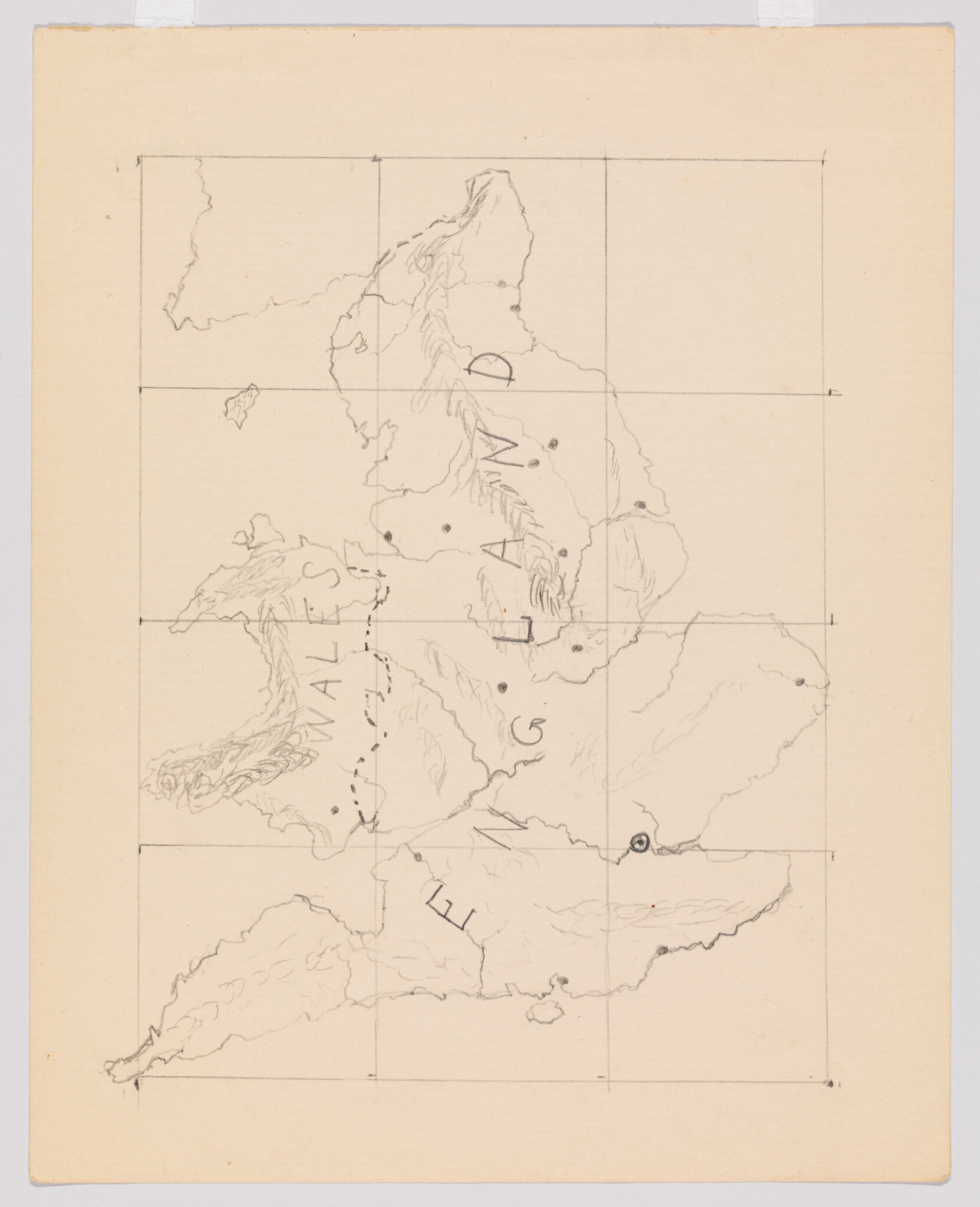 Hand-drawn pencil map of England and Wales with faint coastlines and grid lines.