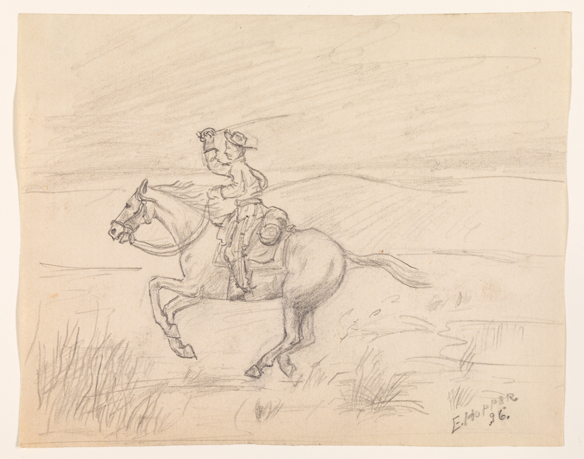 A cowboy riding a rearing horse across a plain, raising his arm as he urges the horse.