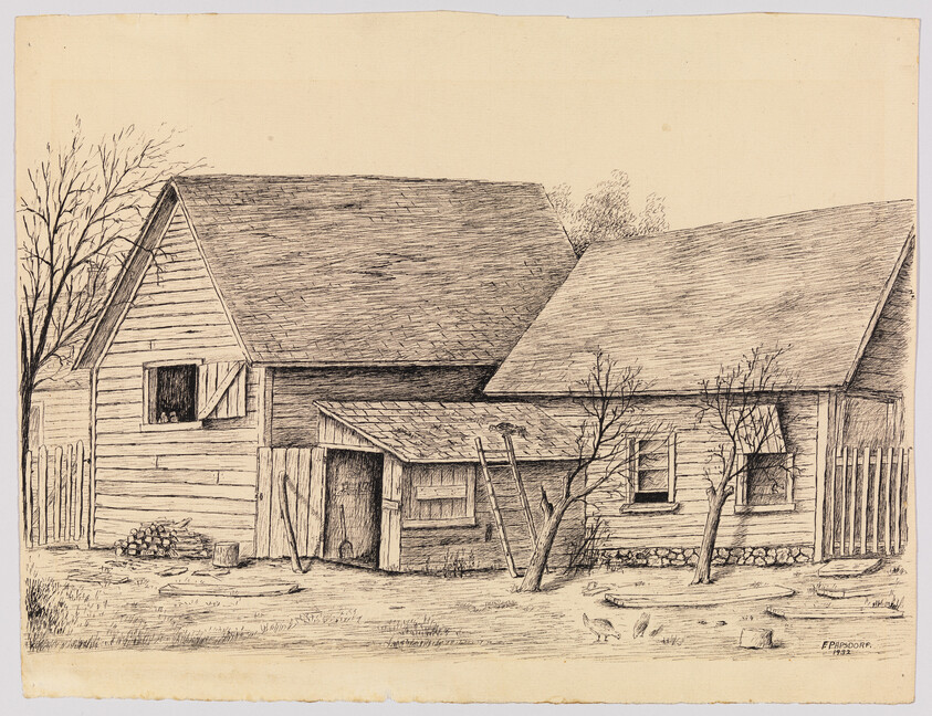Two connected wooden barns with a lean-to, ladder, leafless trees, and chickens in the yard.