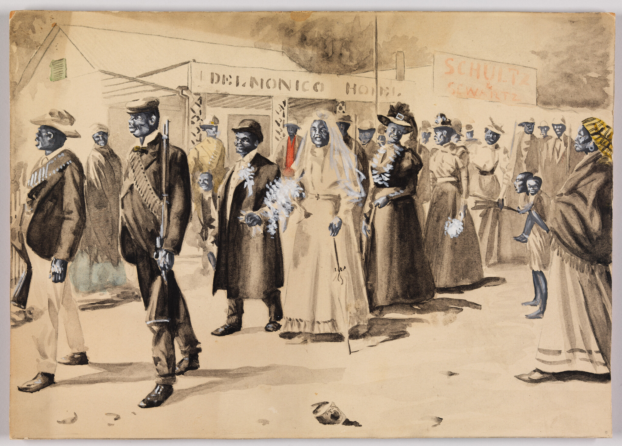 A wedding procession with a veiled bride escorted by men, including armed guards, walking through town.