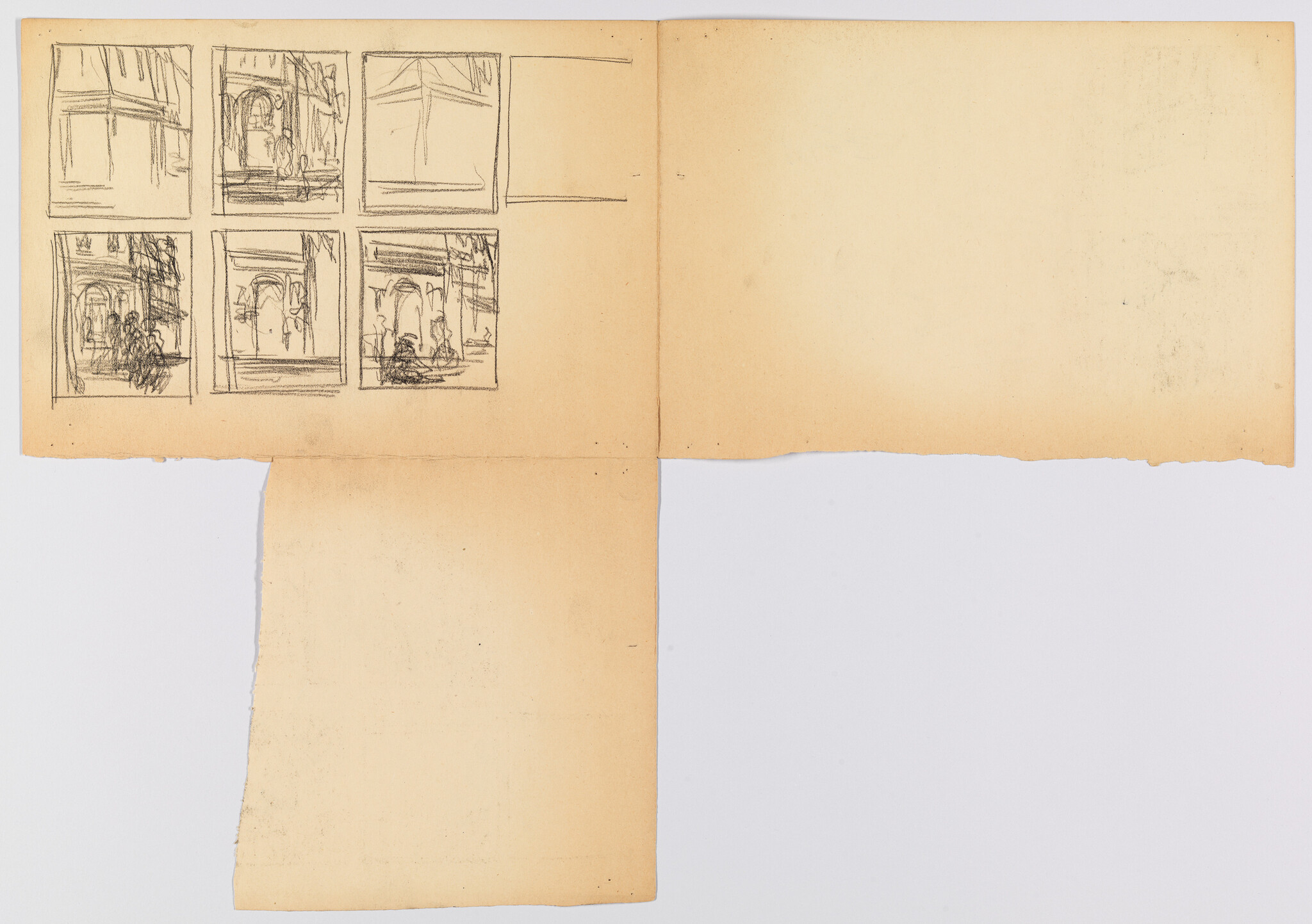 A folded sheet with six small pencil thumbnail sketches of archways and figures in the top-left corner.