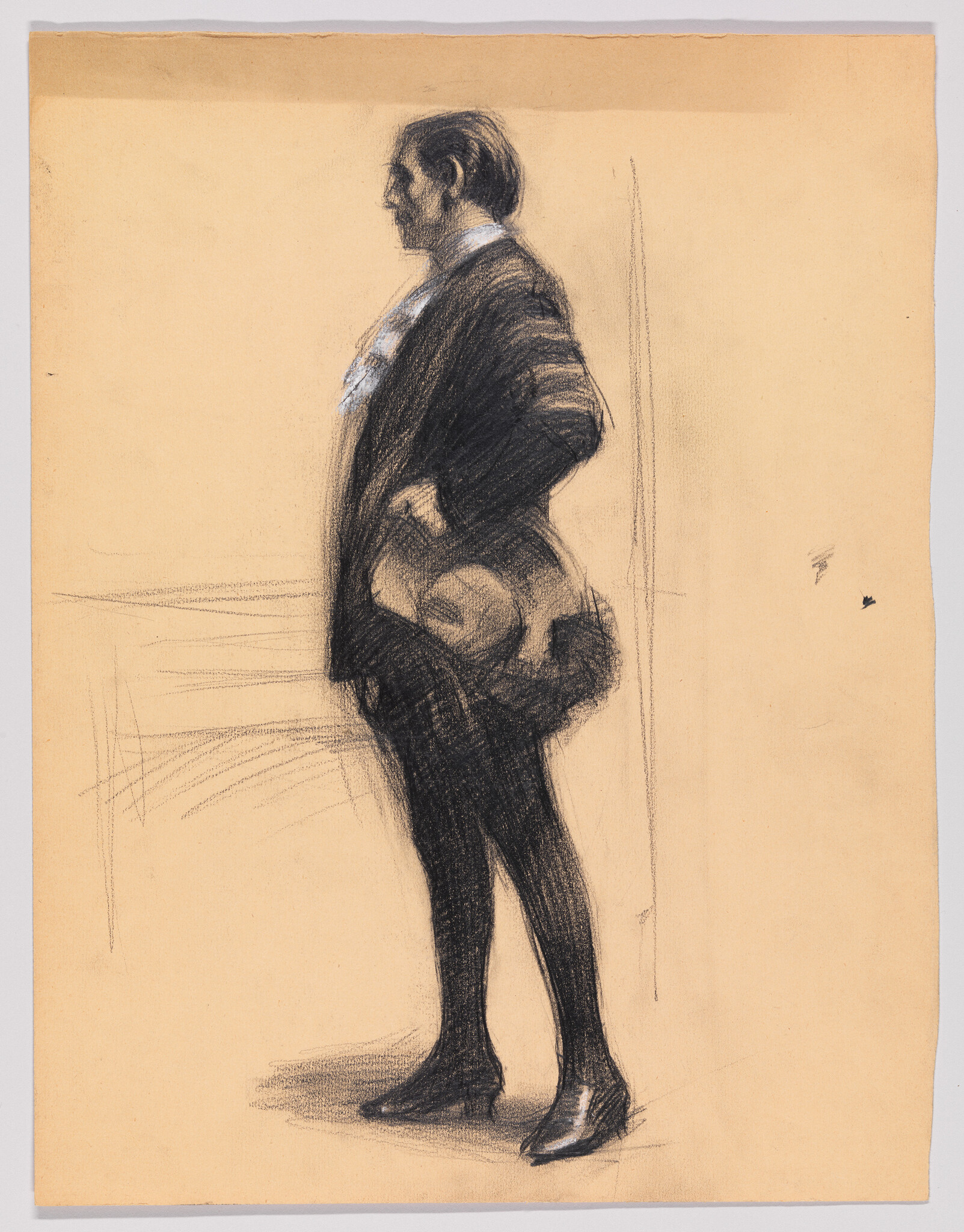 A man stands in profile with hands on hips holding a hat in a charcoal sketch.