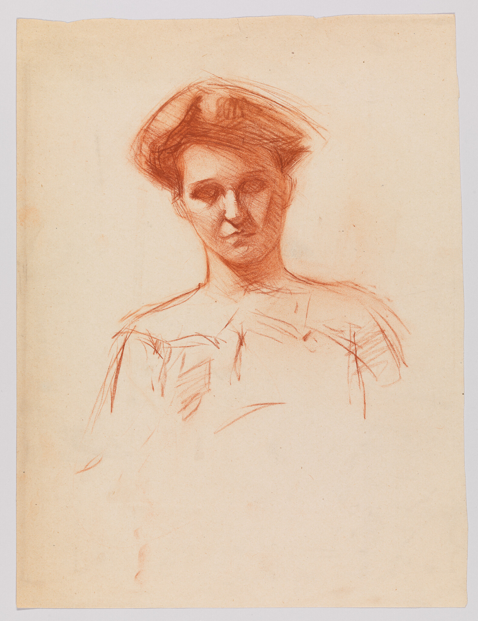 A red chalk portrait sketch of a young woman wearing a loose hat and simple dress.