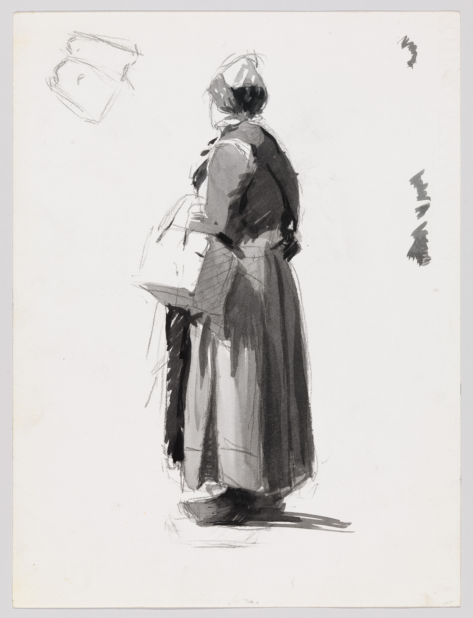 A woman in a bonnet and long dress stands holding a wrapped bundle against her waist.