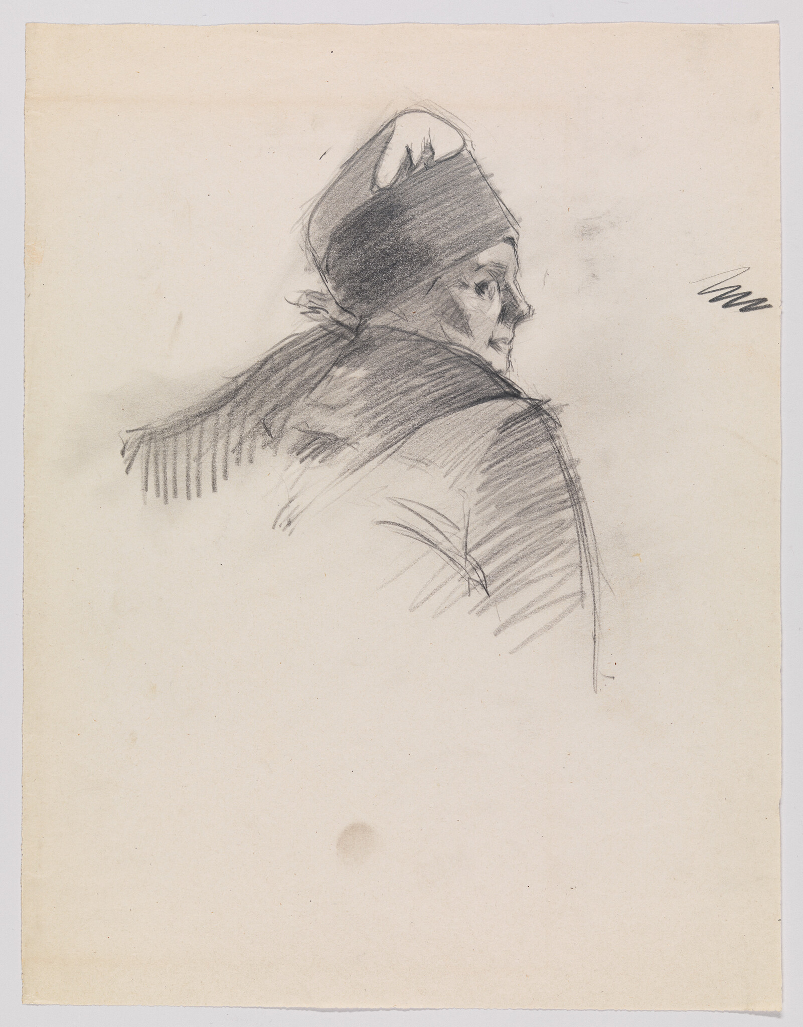 An elderly person wearing a knit cap looks over their shoulder in a loose pencil sketch.
