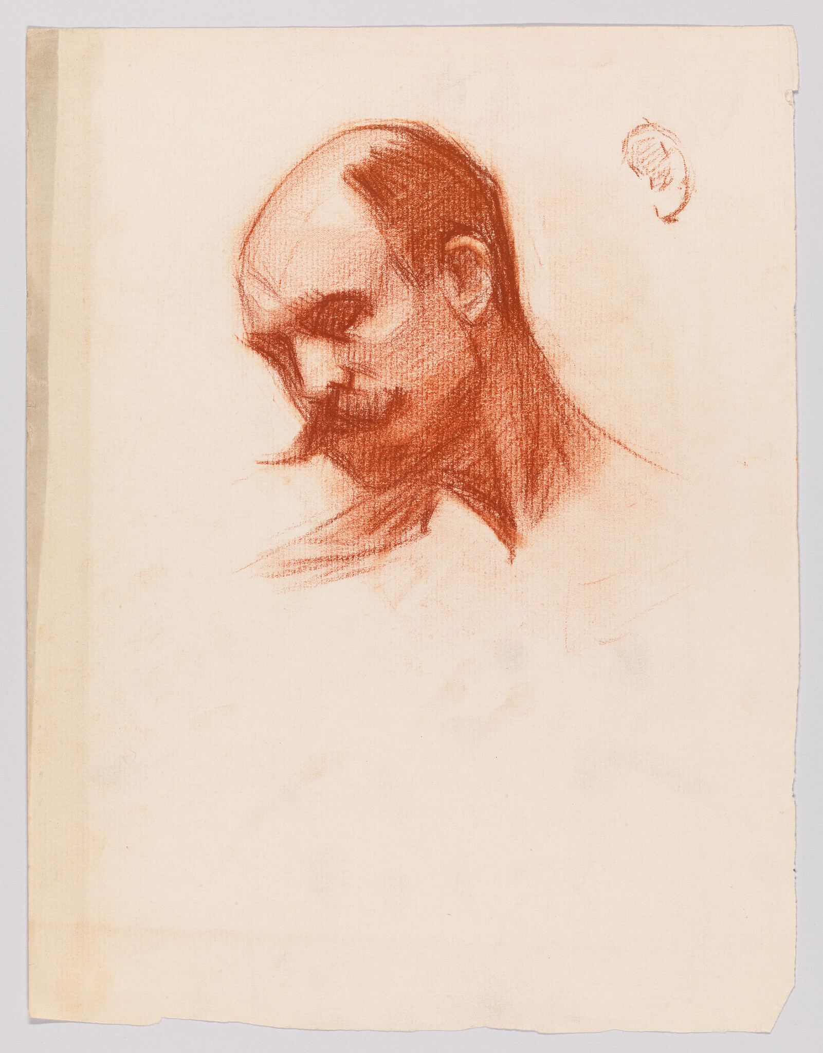 A red chalk sketch shows a balding man with a mustache looking downward.