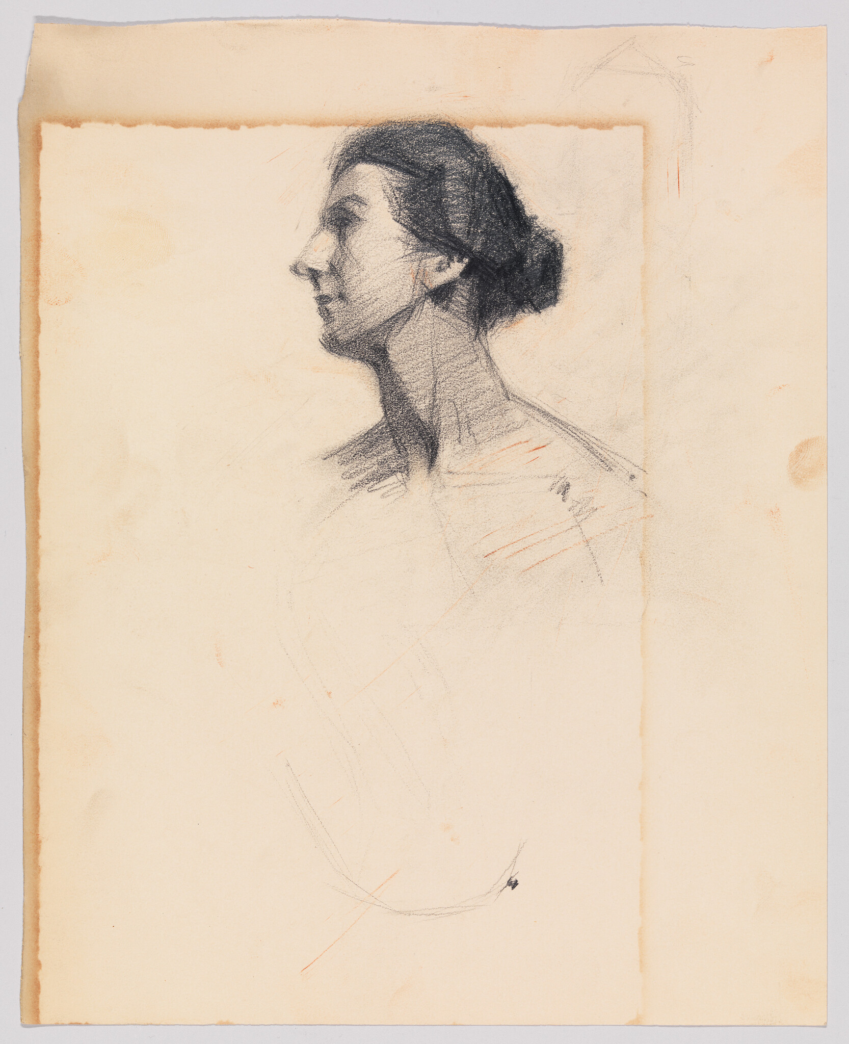 A charcoal sketch of a woman in profile with hair in a bun and visible neck.