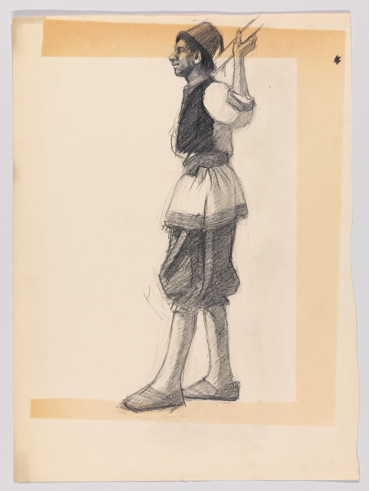 A standing man in traditional clothing holds a pole over his shoulder, drawn in charcoal.