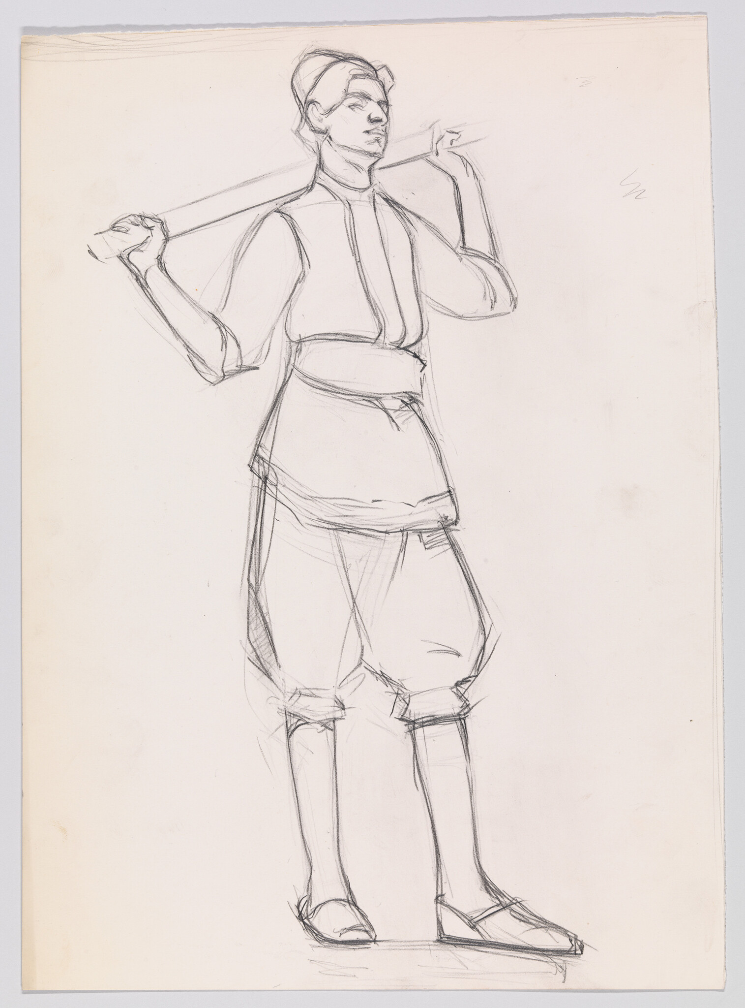 Pencil sketch of a standing person holding a long pole across their shoulders, wearing apron and loose pants.