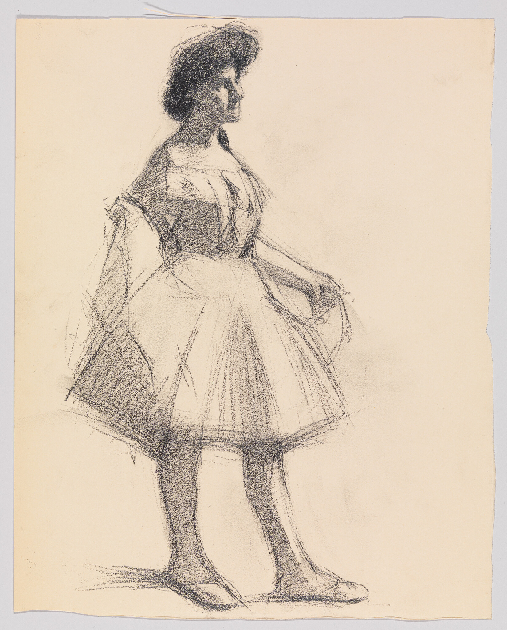 A sketch of a young ballerina standing in a tutu holding the edges of her skirt.