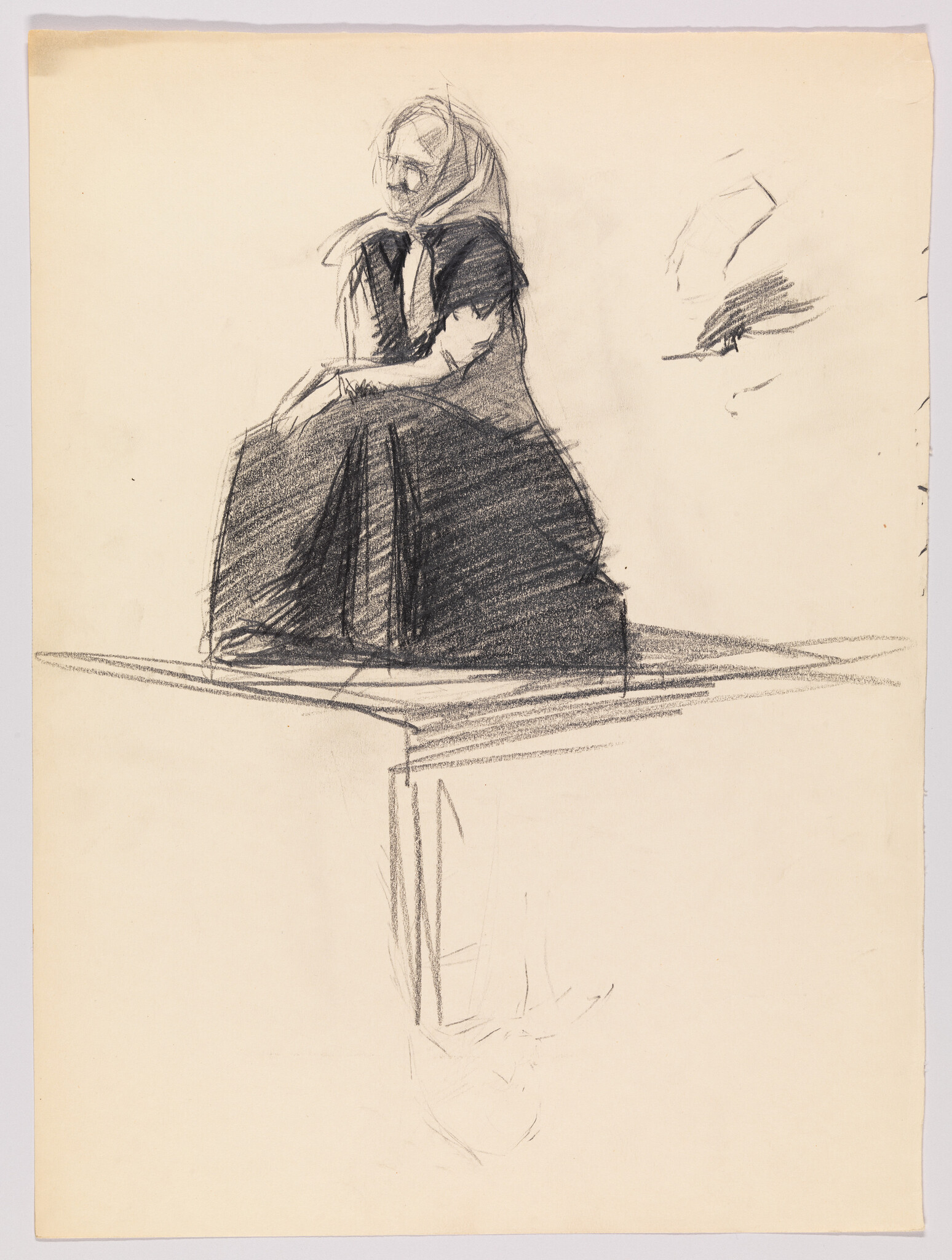 A charcoal sketch of a seated woman wearing a headscarf and long skirt.