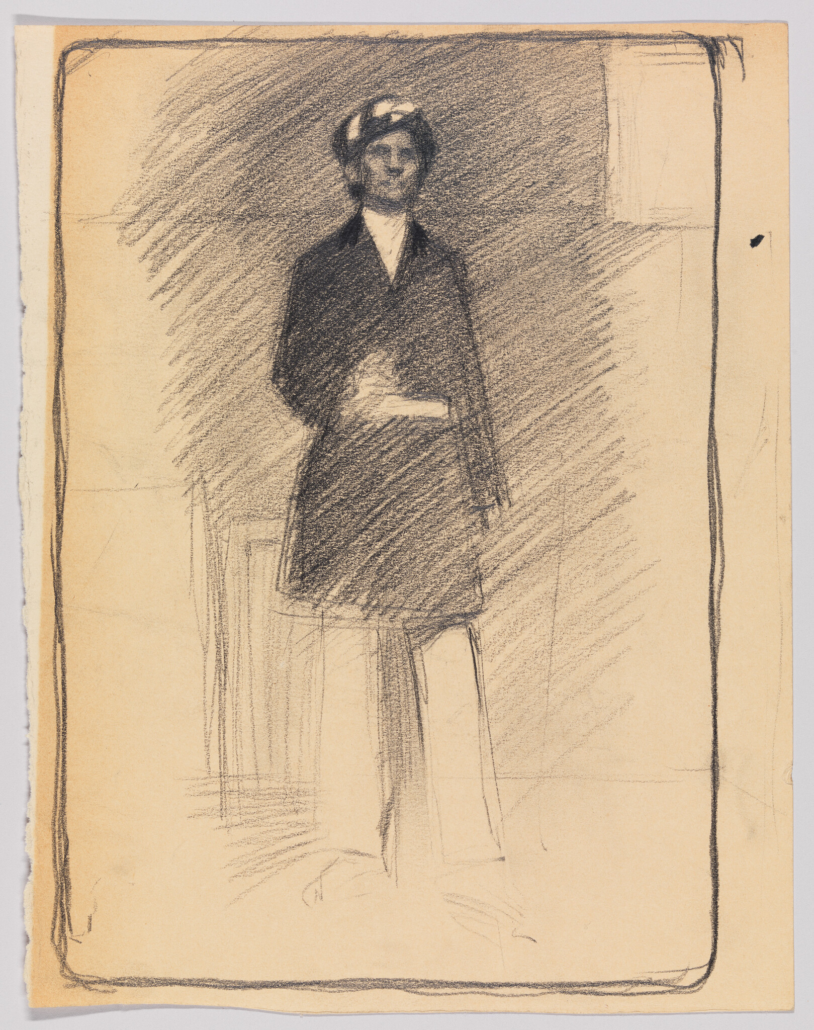 A charcoal sketch of a standing person in a dark coat and hat with hand tucked.