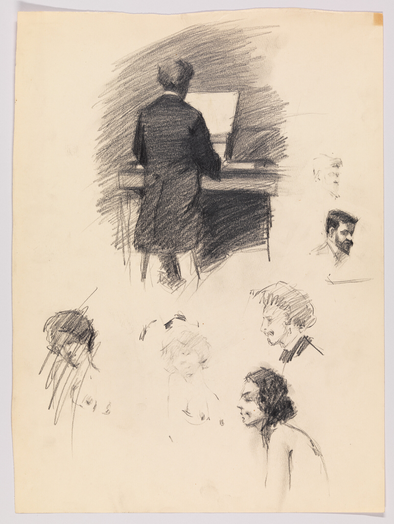 Man in a coat stands playing a piano while several quick head and figure sketches surround him.