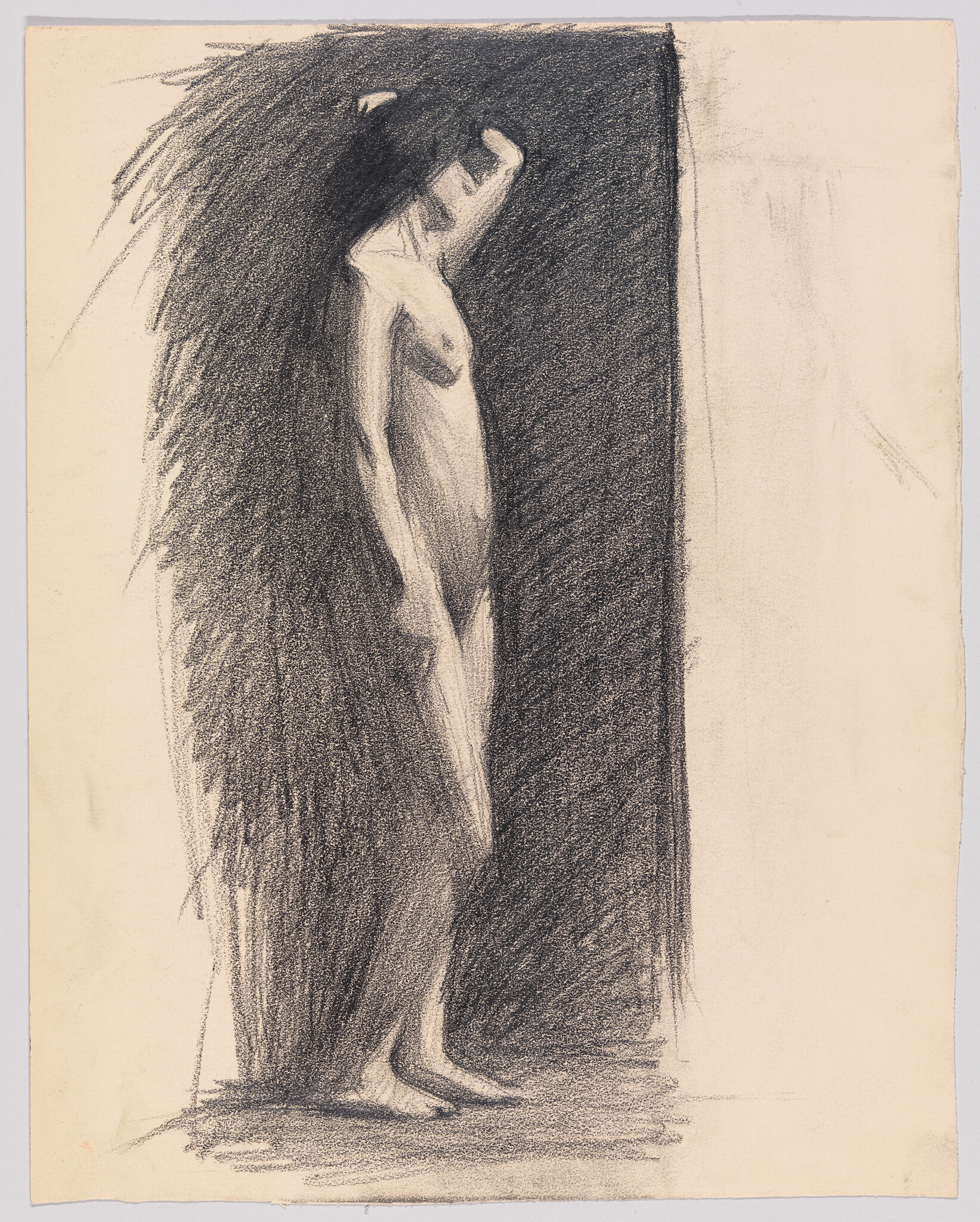 A standing nude woman in profile leans against a dark background with one hand raised to her head.