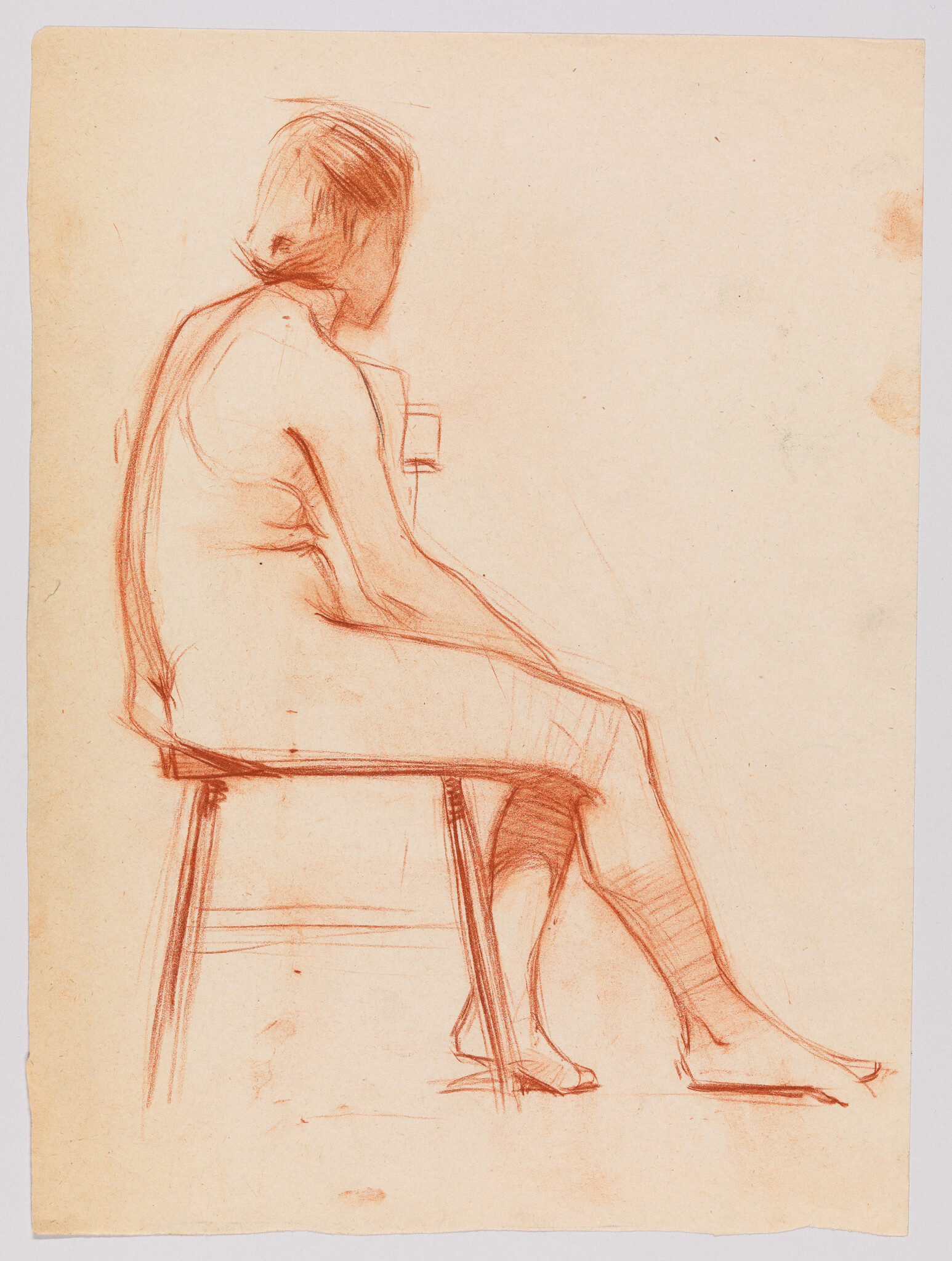 Seated person sketched in red chalk sitting sideways on a stool with one leg extended.