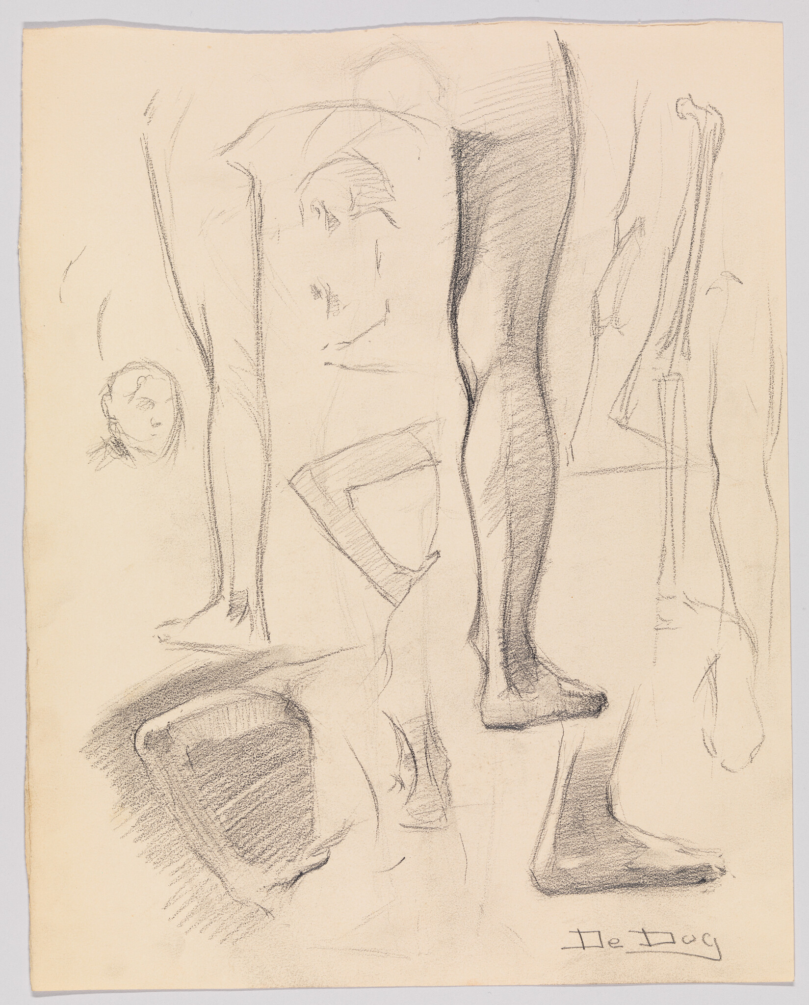 Several charcoal studies of human legs and feet on paper with an artist signature at the bottom.
