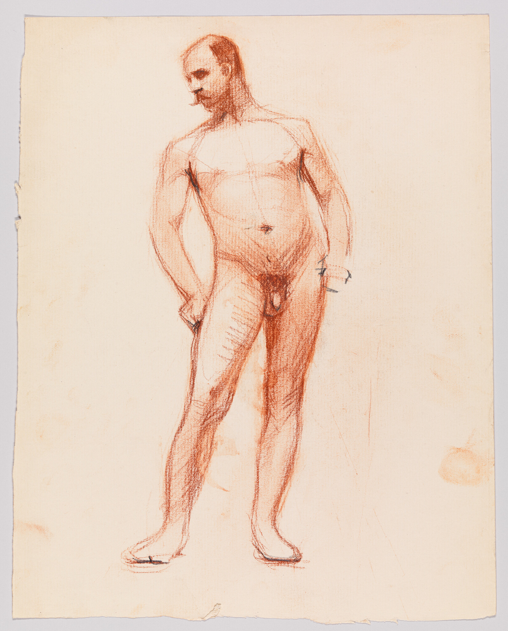 Nude standing man with mustache looking left and weight on one leg.