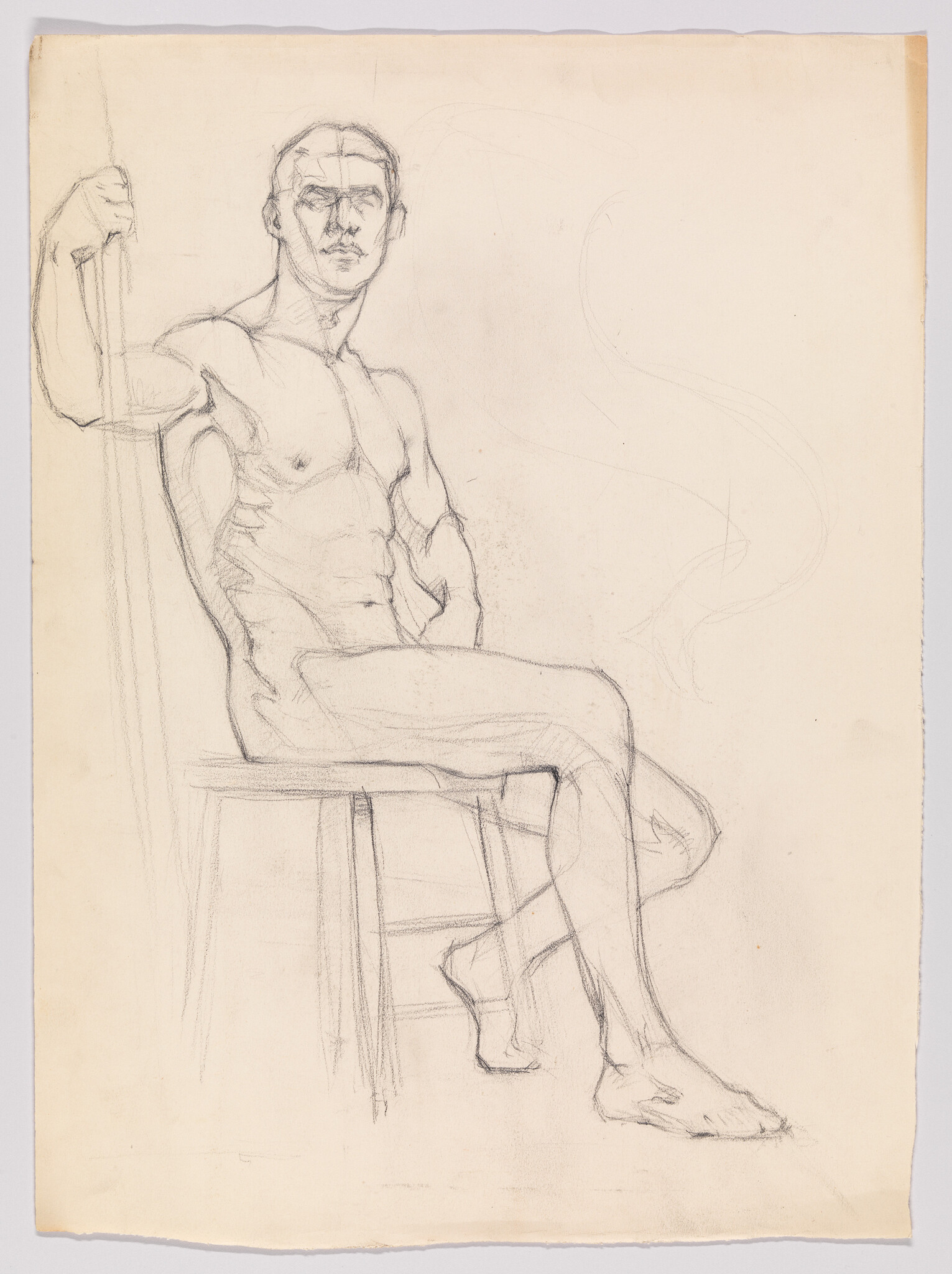 Pencil drawing of a seated nude male model gripping a vertical support while sitting on a stool.