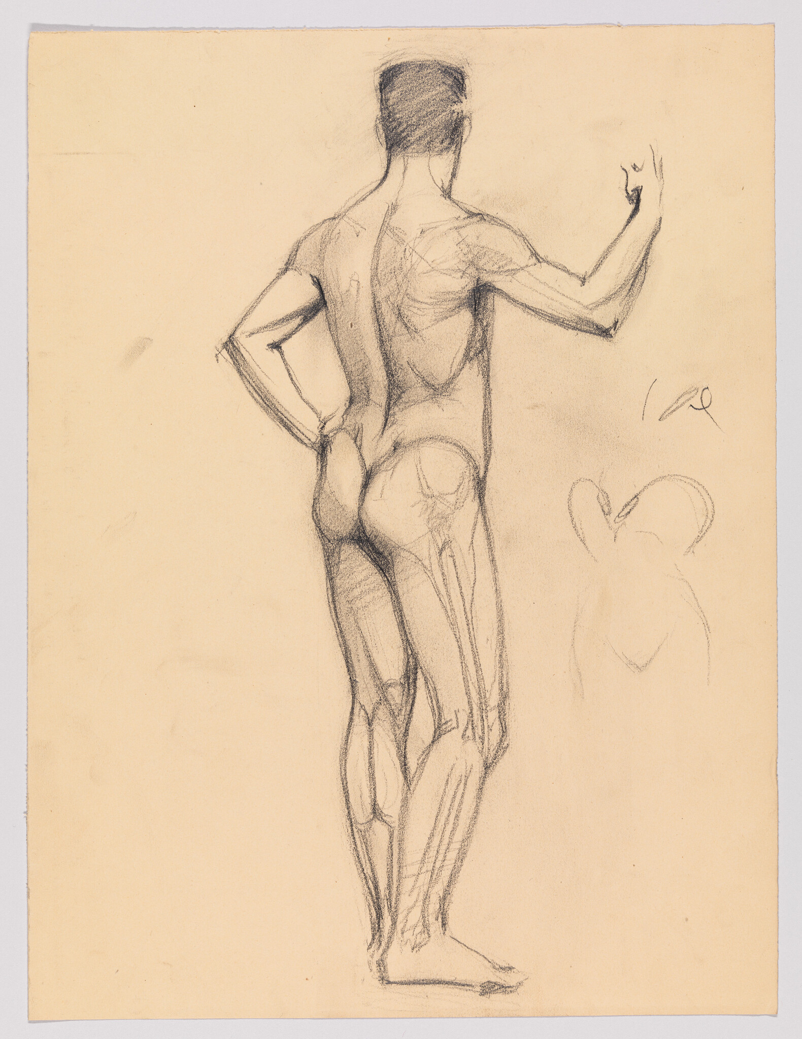 A pencil study of a standing nude man viewed from behind with one hand on hip and the other raised.