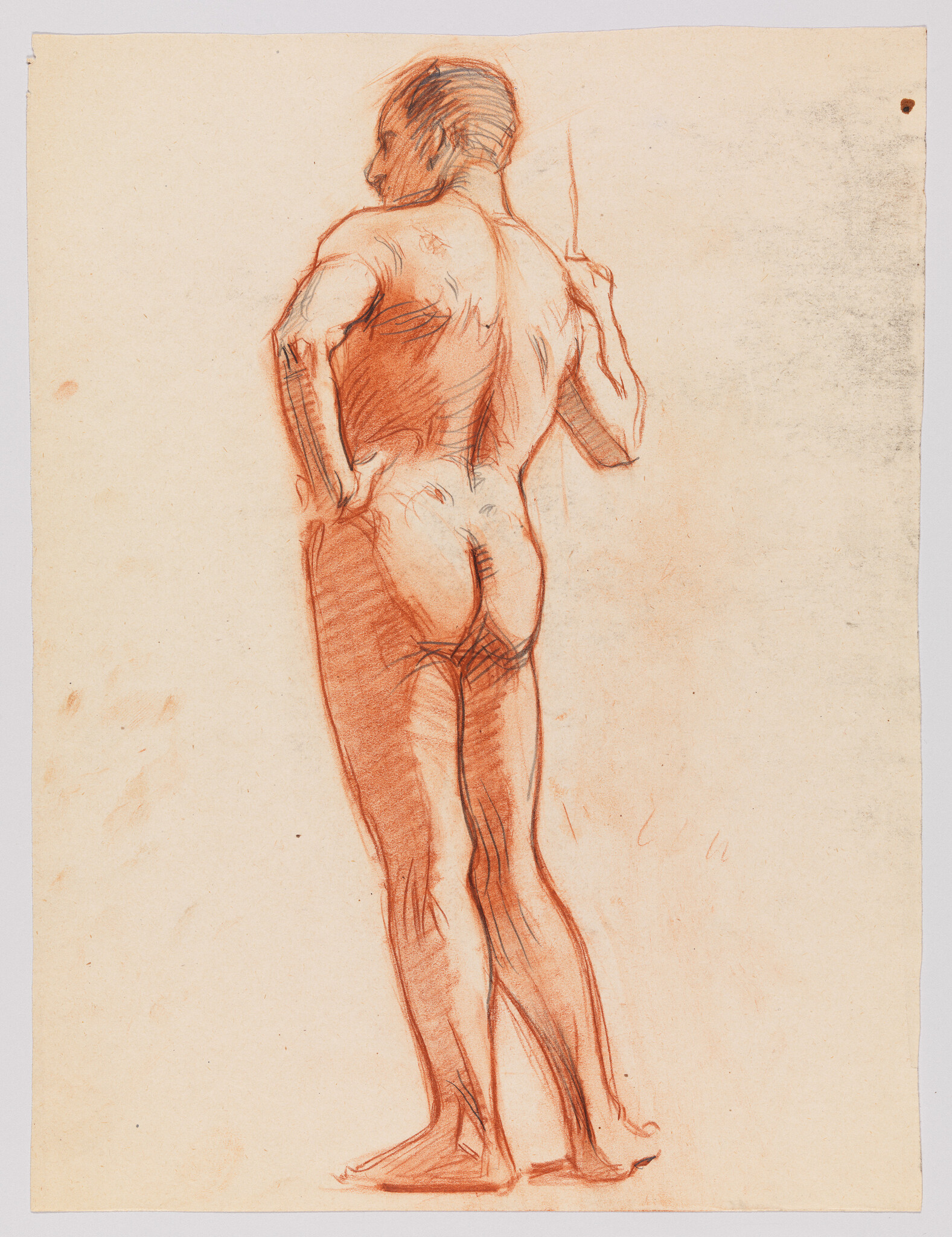 Standing nude male figure sketched from behind, hand on hip and leaning on a pole.