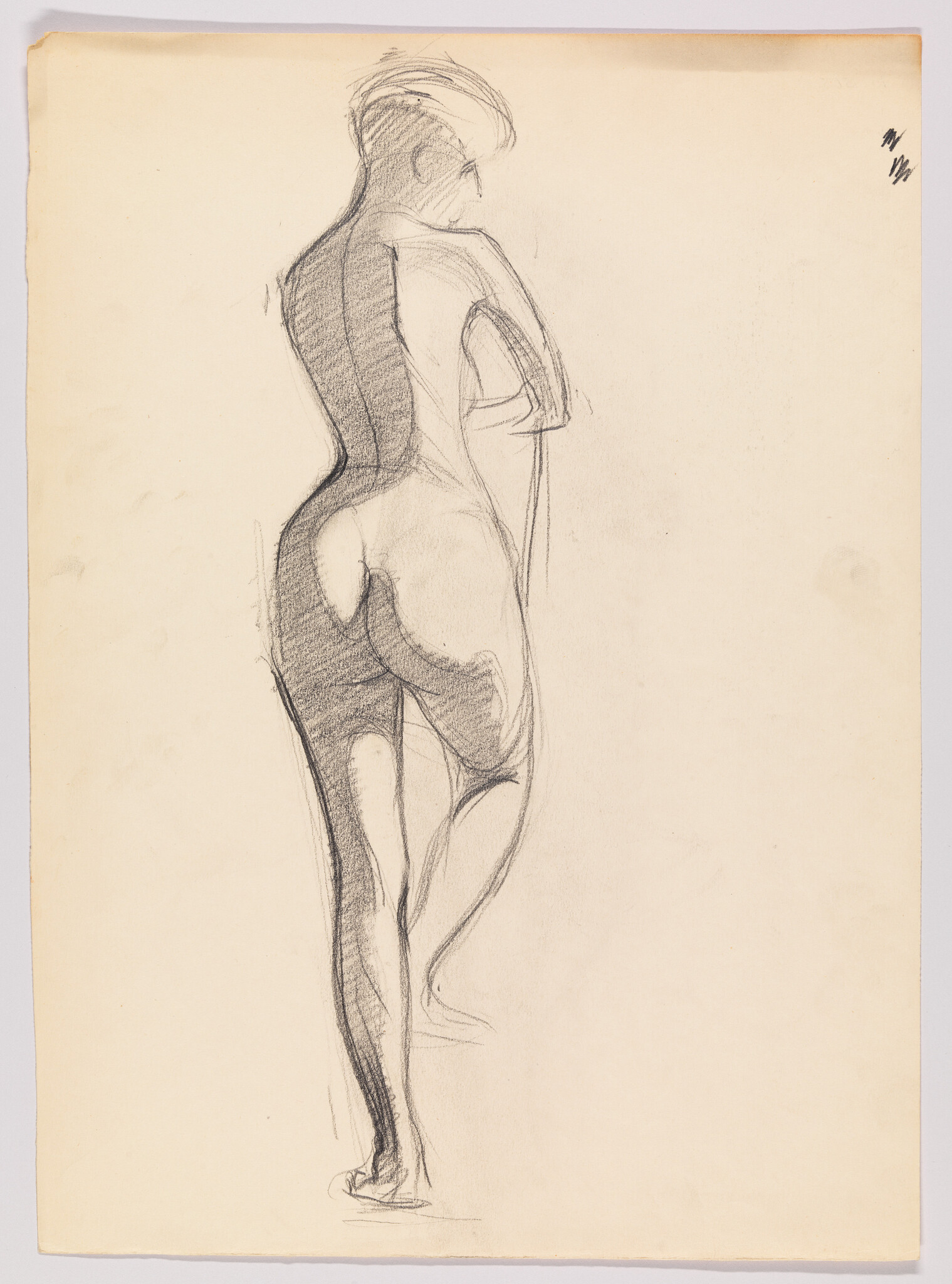 Nude figure standing with weight on one leg, back turned and leaning on a staff.