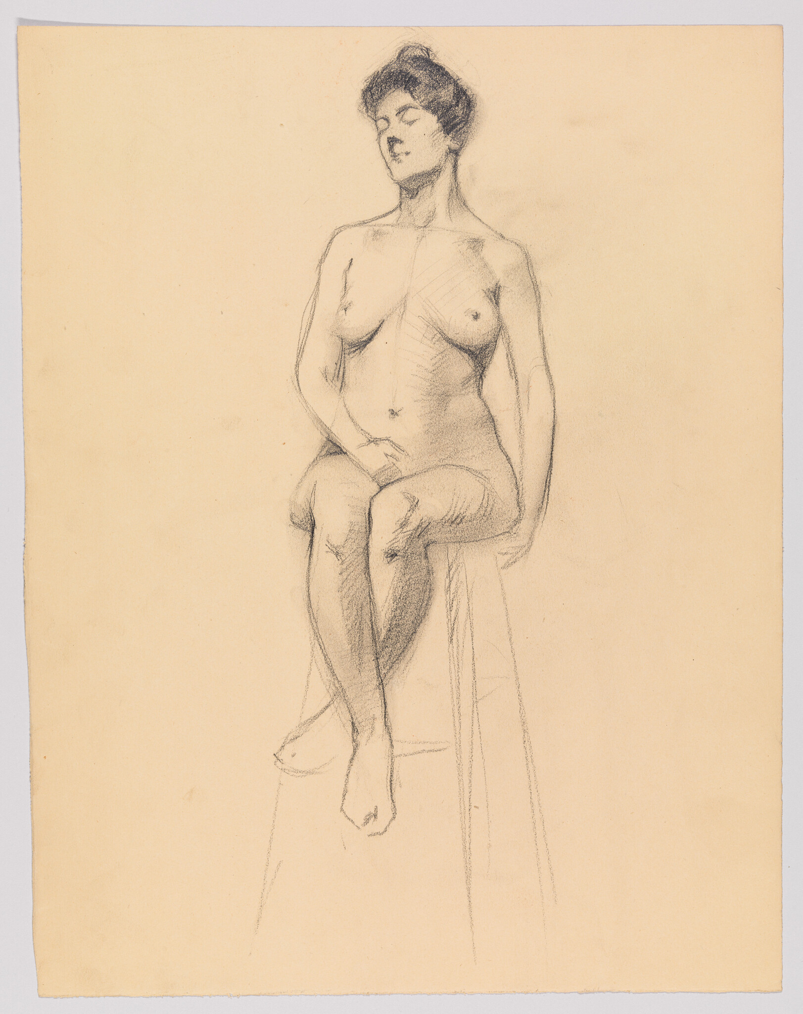 A seated nude woman rests on a tall stool with crossed legs and eyes closed.