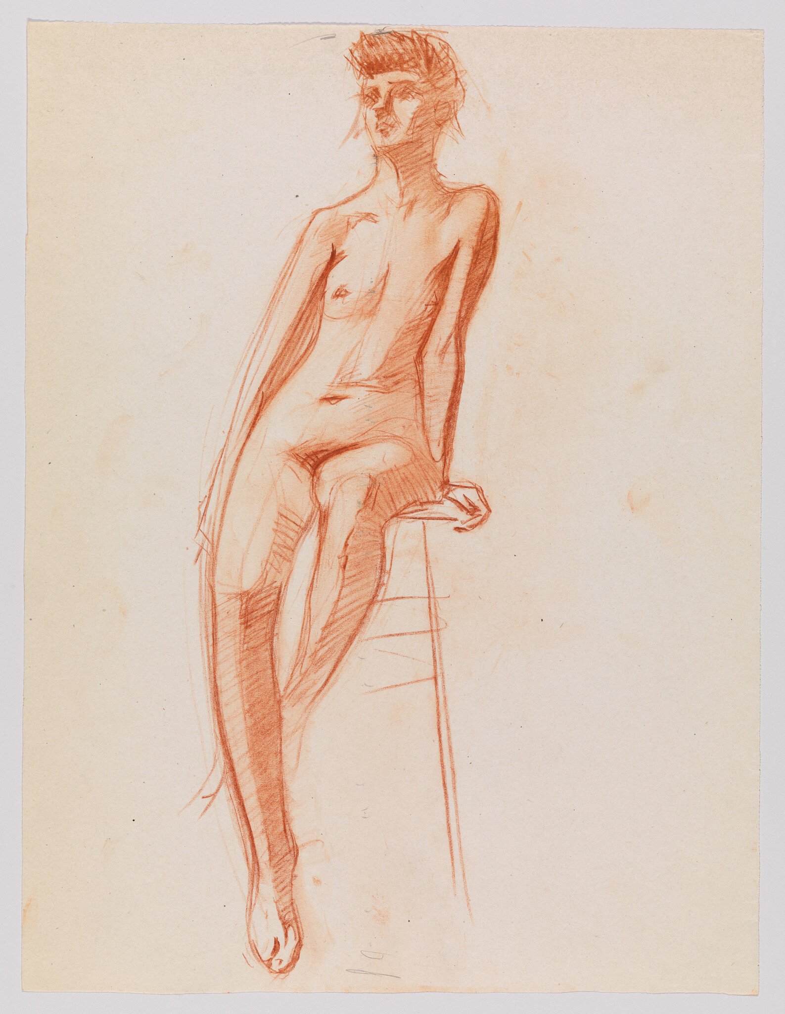 A sketch of a nude female figure seated on a stool, with one leg crossed over the other, rendered in red pencil on a beige paper background. The figure's pose is relaxed and contemplative, with her head slightly tilted and her hair loosely drawn. The drawing exhibits a study of human anatomy and form, with visible strokes and shading to define the muscles and contours of the body.