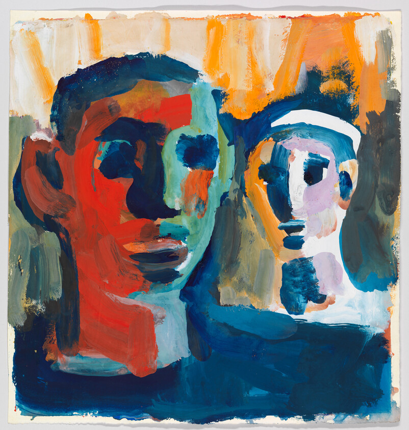 Two abstract painted faces in bold red, blue, and orange brushstrokes facing forward.