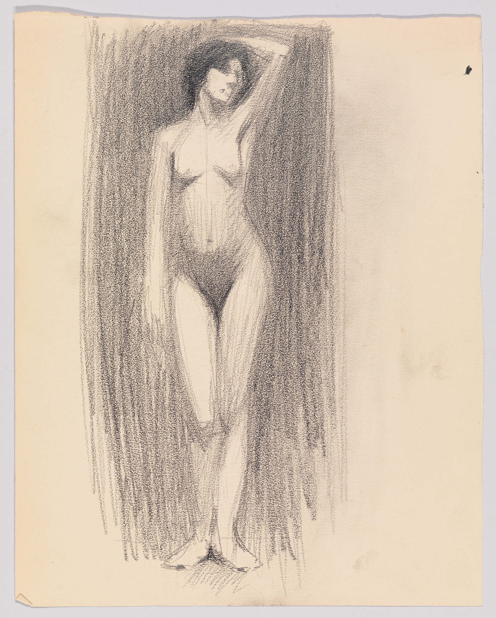 A standing woman sketch with one arm raised and soft, vertical charcoal shading.