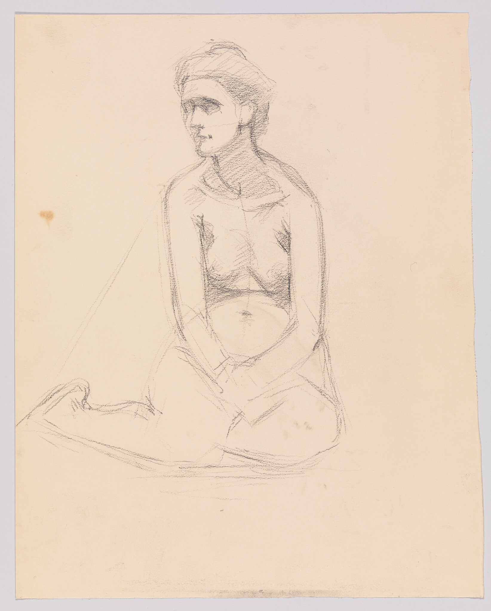 A rough pencil sketch of a woman seated cross-legged with hands resting in her lap.