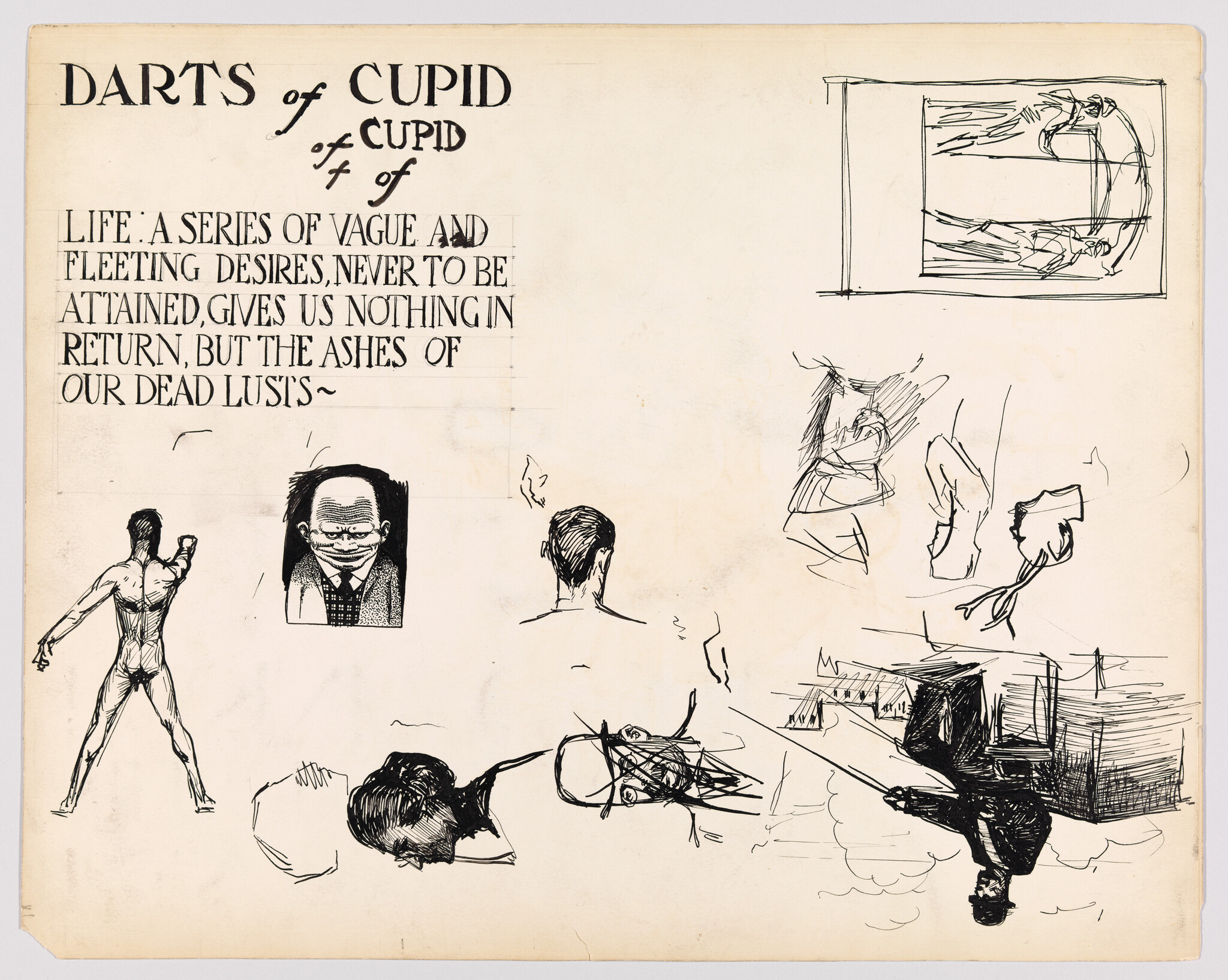 Hand-lettered title "Darts of Cupid" and a philosophical paragraph surrounded by scattered ink figure sketches.