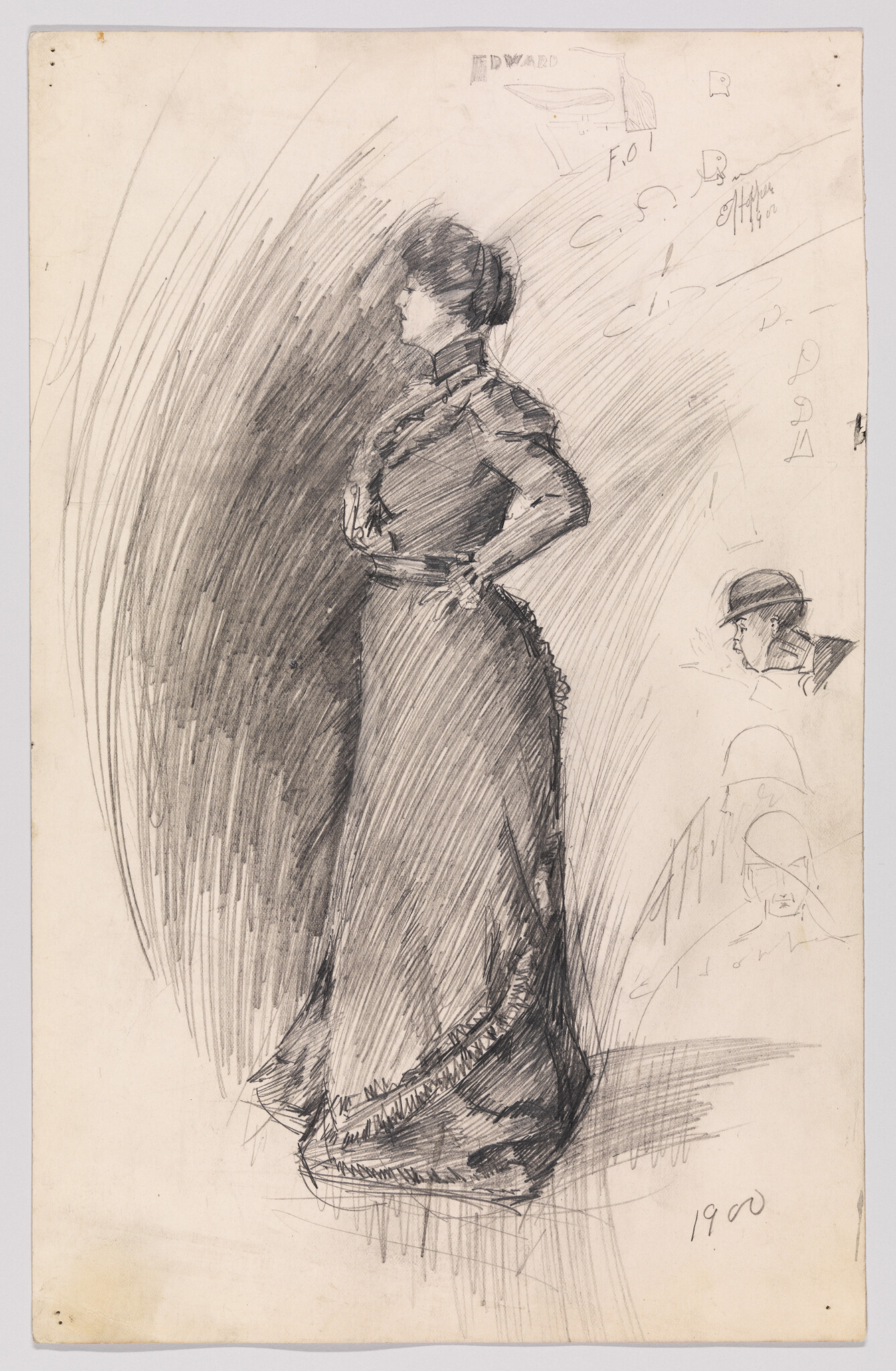 Woman in a long Victorian dress stands in profile with her hands on her hips.