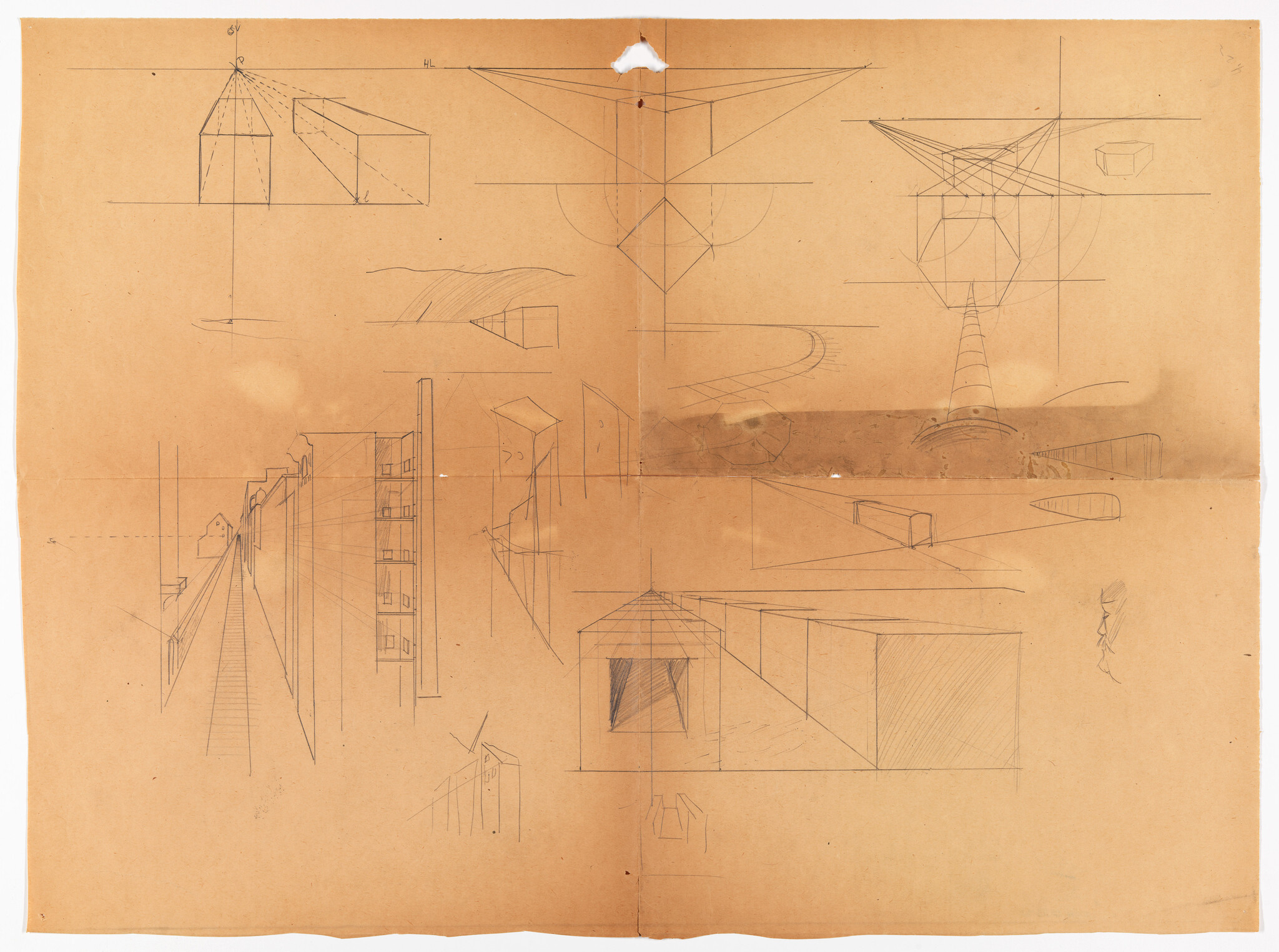 Several architectural perspective sketches and geometric construction lines drawn on aged brown drafting paper.