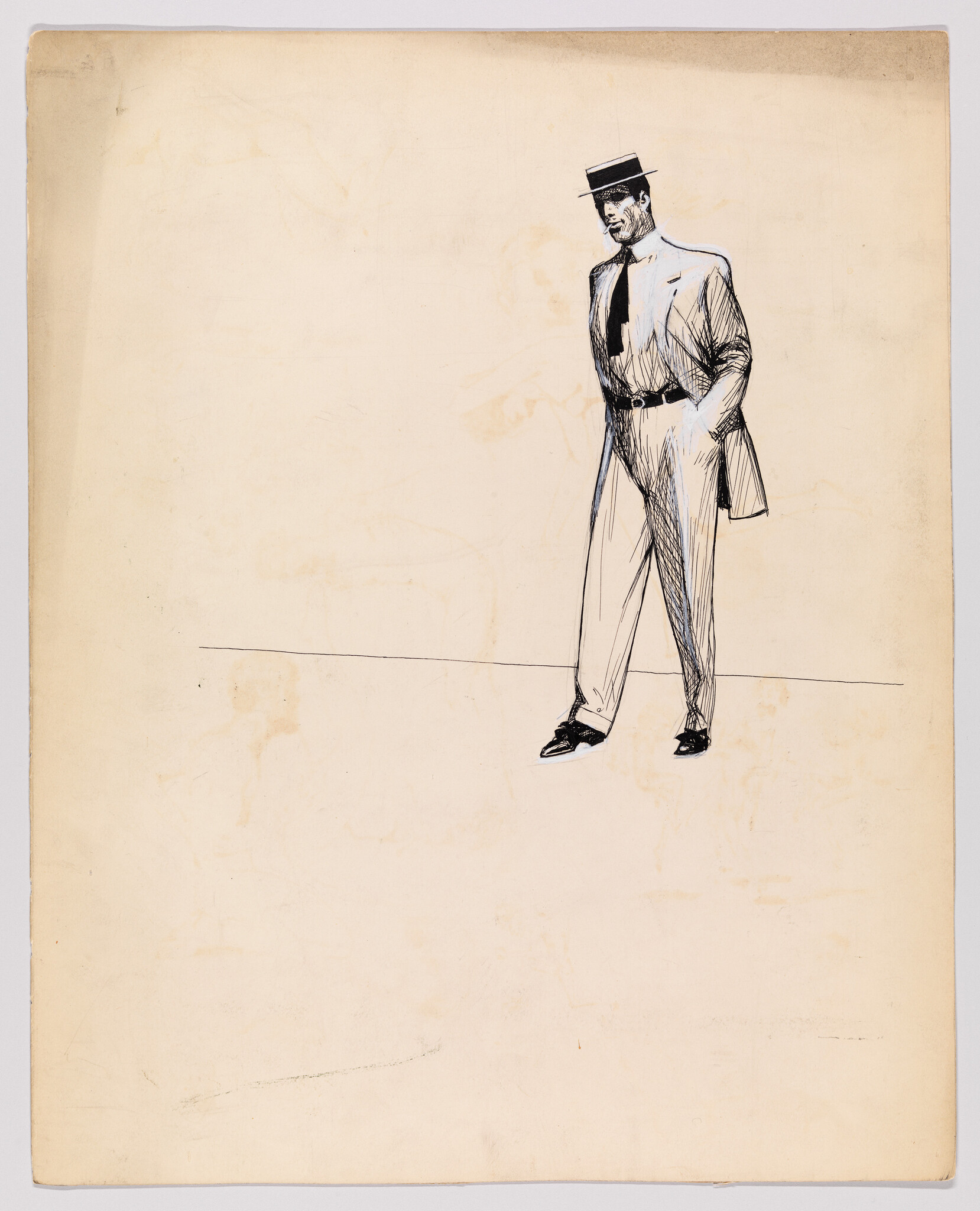 A sketch of a man in a suit and boater hat standing with hands in his pockets.