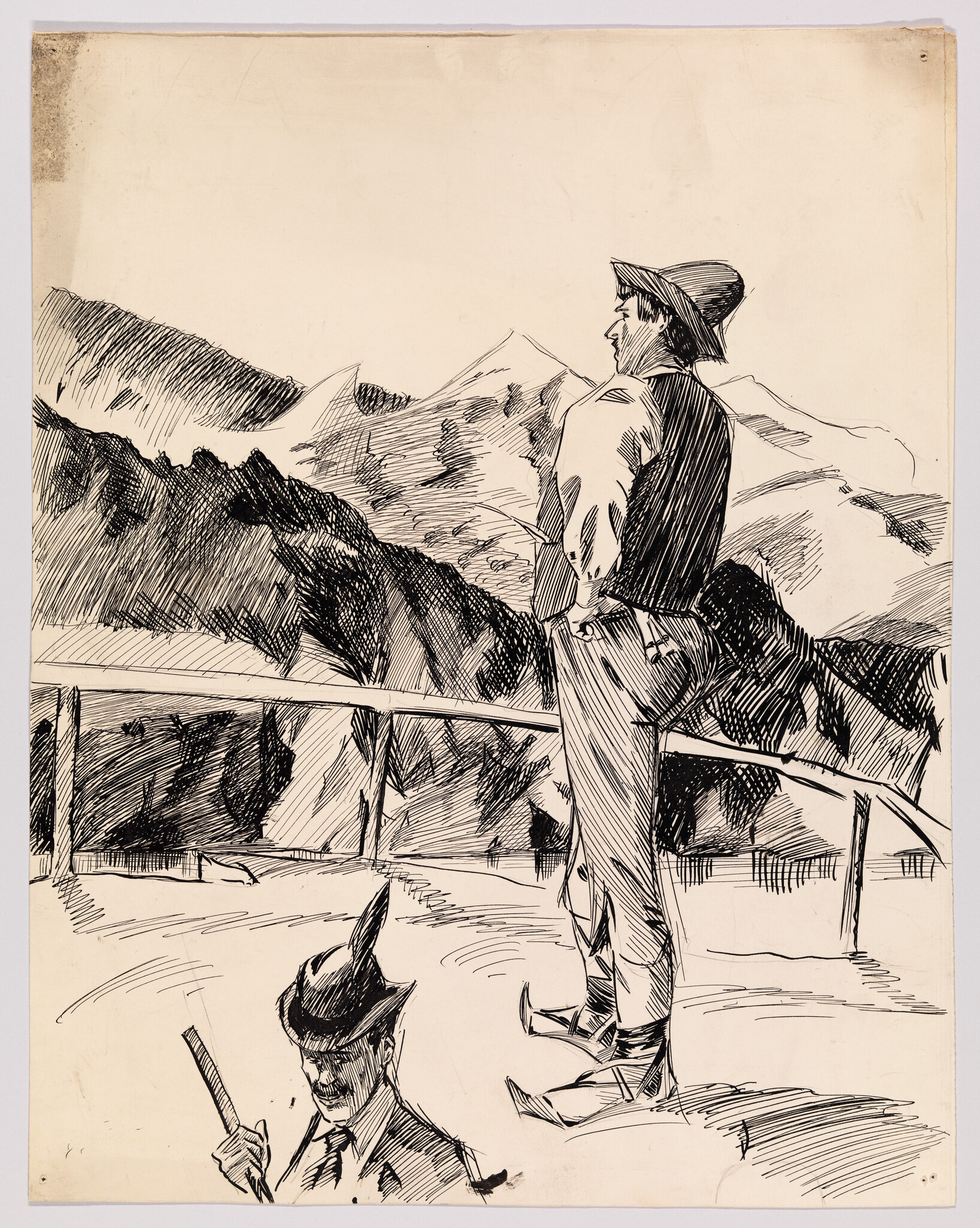 A man in a hat stands on a railing looking at snow-covered mountains while another man holds a cane.